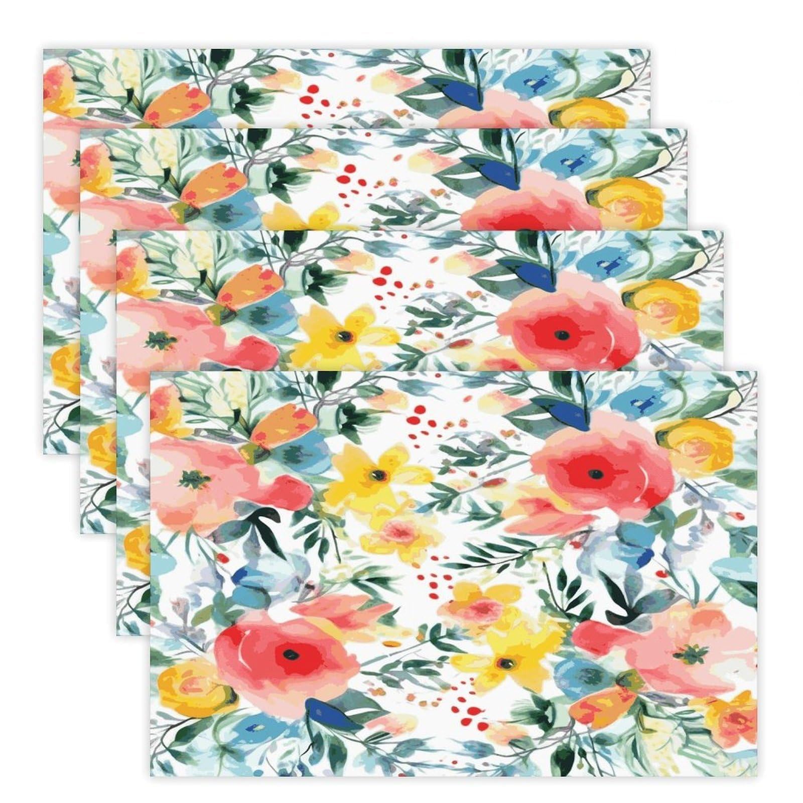 Bright Floral Watercolor Placemats Heat-Resistant Washable Place Mats Anti Slip Dining Table Place Mats Wipeable Dining Table Mats Kitchen Decoration Placemats 17.7’’×11.8’’