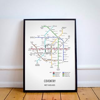 Coventry West Midlands Underground Style Transport Map Art Print A4 A3 Gift (A3, Framed)