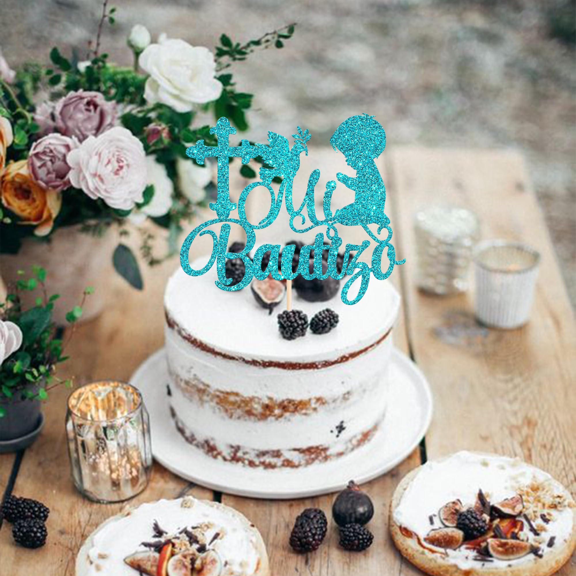 Xsstarmi 1 Pack Spanish Mi Bautizo Cake Topper First Holy Communion Baptism Cake Pick Decorations for Religious God Bless Boy Baptism Baby Shower Party Cake Decoration Blue - Image 4