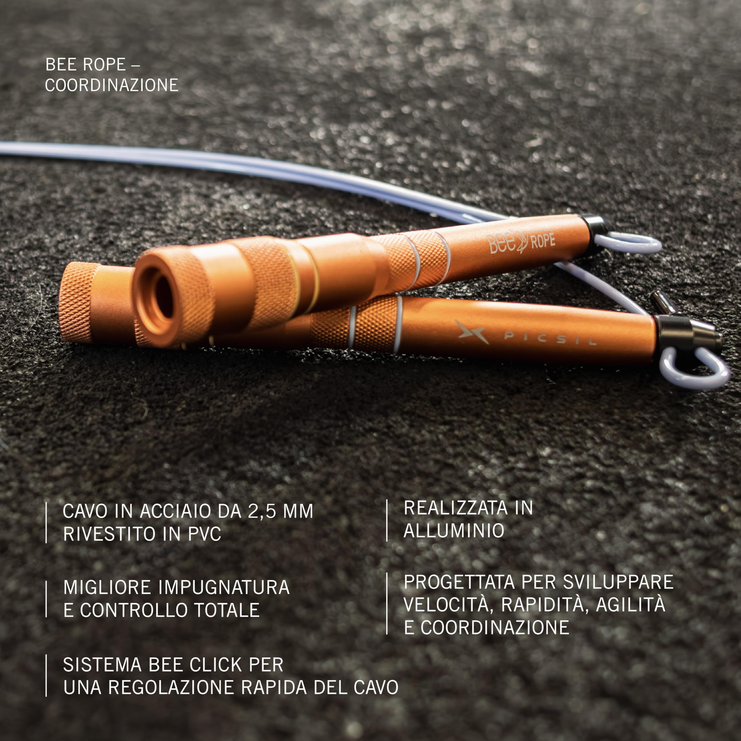 PICSIL - Corda per Saltare BEE, Speed Rope Regolabile e Leggera, Cavo Rinforzato, per Cross Training, Fitness e Double Unders
