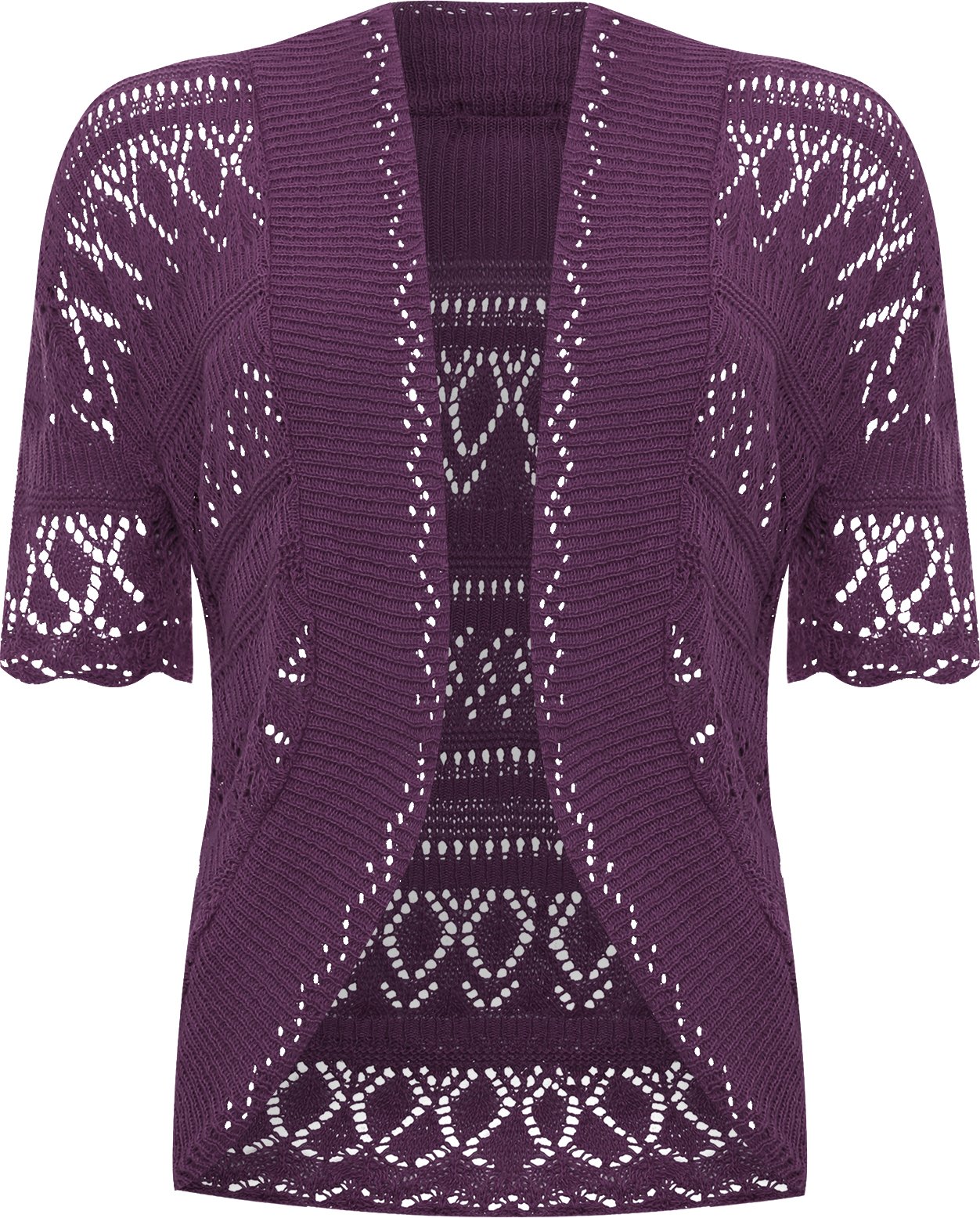 WearAll Plus Size Womens Crochet Knitted Short Sleeve Ladies Shrug Cardigan Top - Purple - 24-26