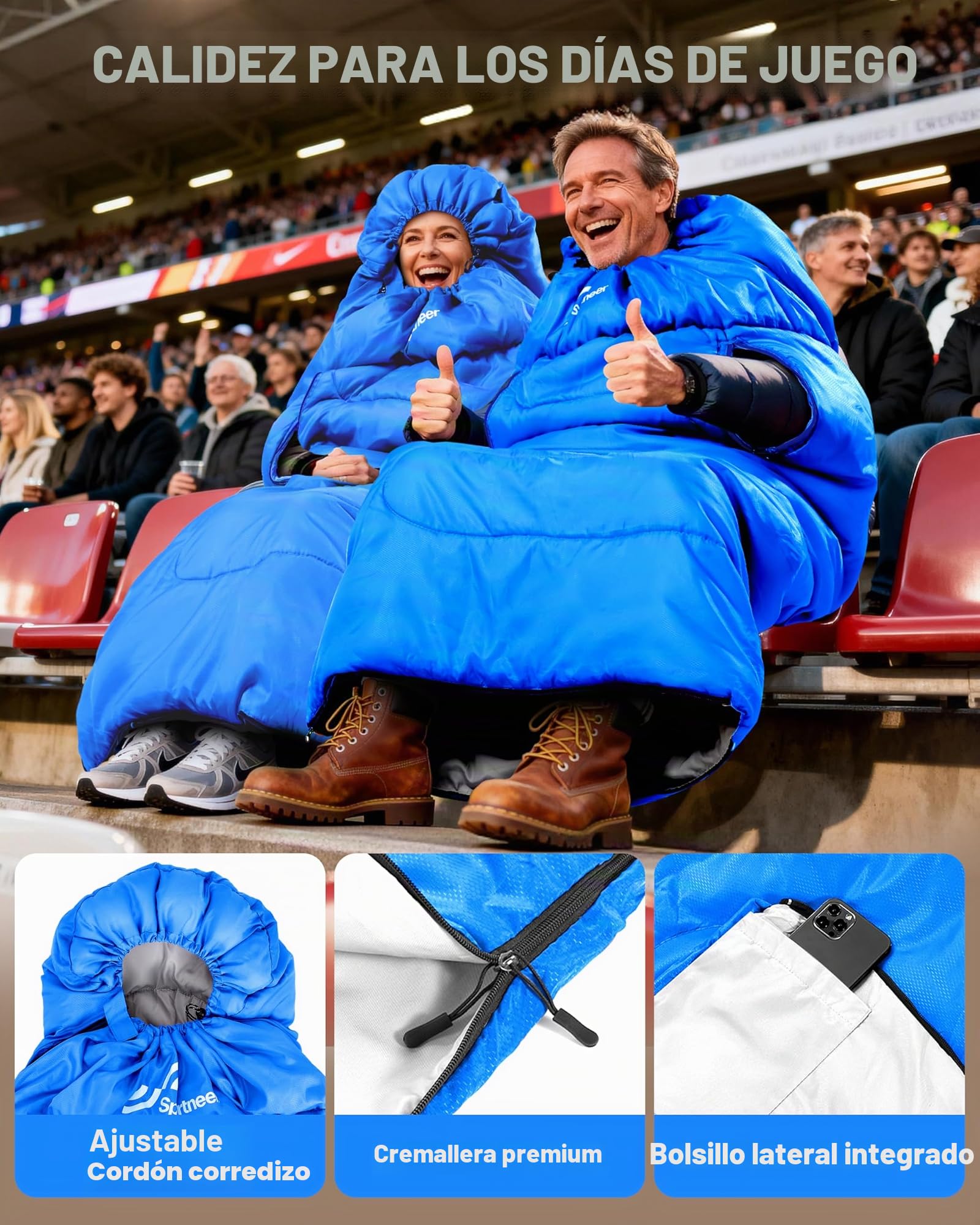 Sportneer Saco de Dormir portátil Adecuado para Las 4 Estaciones con Orificios con Cremallera para Brazos y pies Saco de Dormir Individual para Adultos para Senderismo y Viajes, 20 Grados, Azul