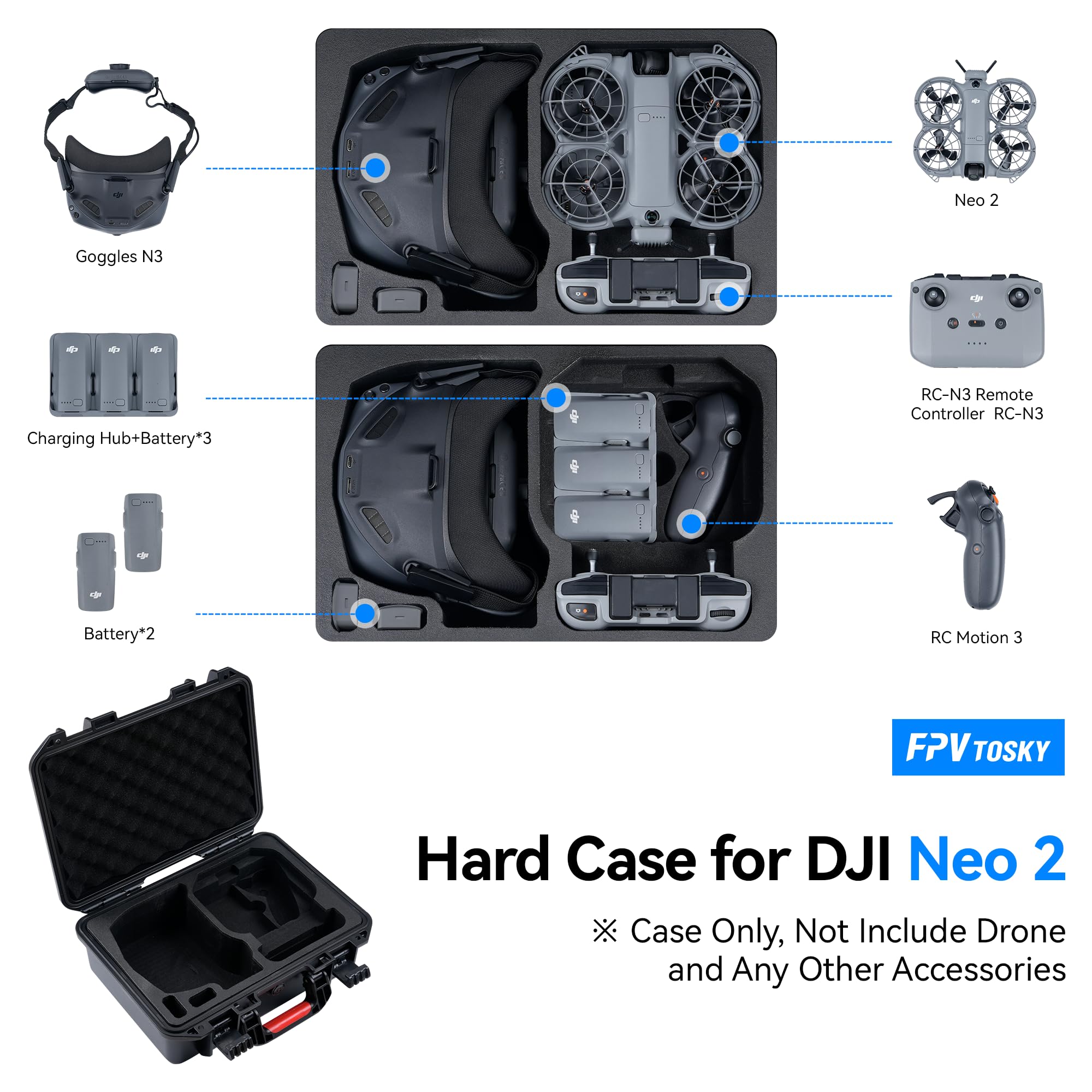 FPVtosky Custodia rigida impermeabile per DJI Neo 2 Motion Fly More Combo, adatta per occhiali N3, RC Motion 3, telecomando RC-N3, supporta fino a 6 batterie e accessori (solo custodia)