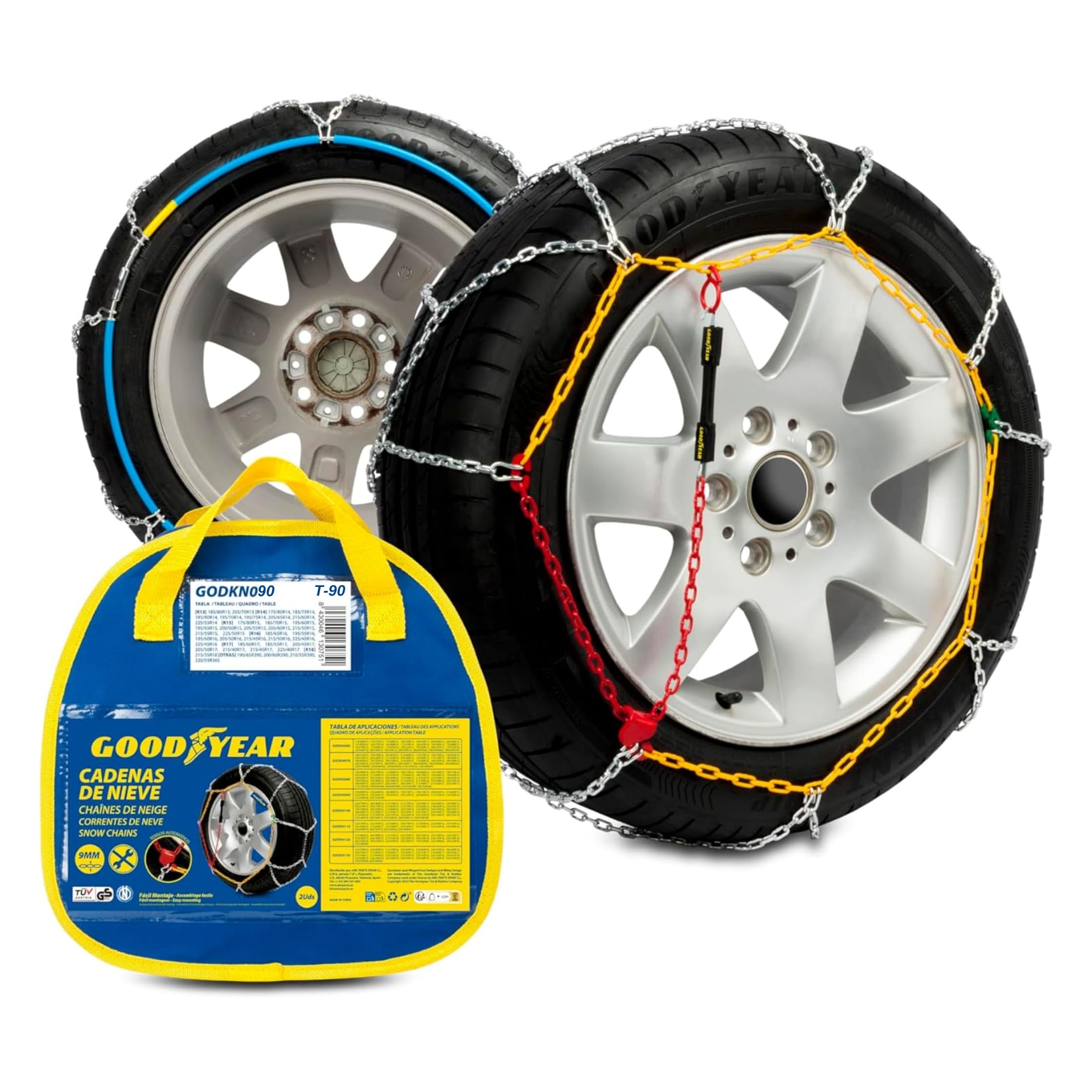 Goodyear Set Di 2 Catene Da Neve Per Auto Da 9 Mm In Metallo Misura 90 Con Tenditore Automatico, T.90