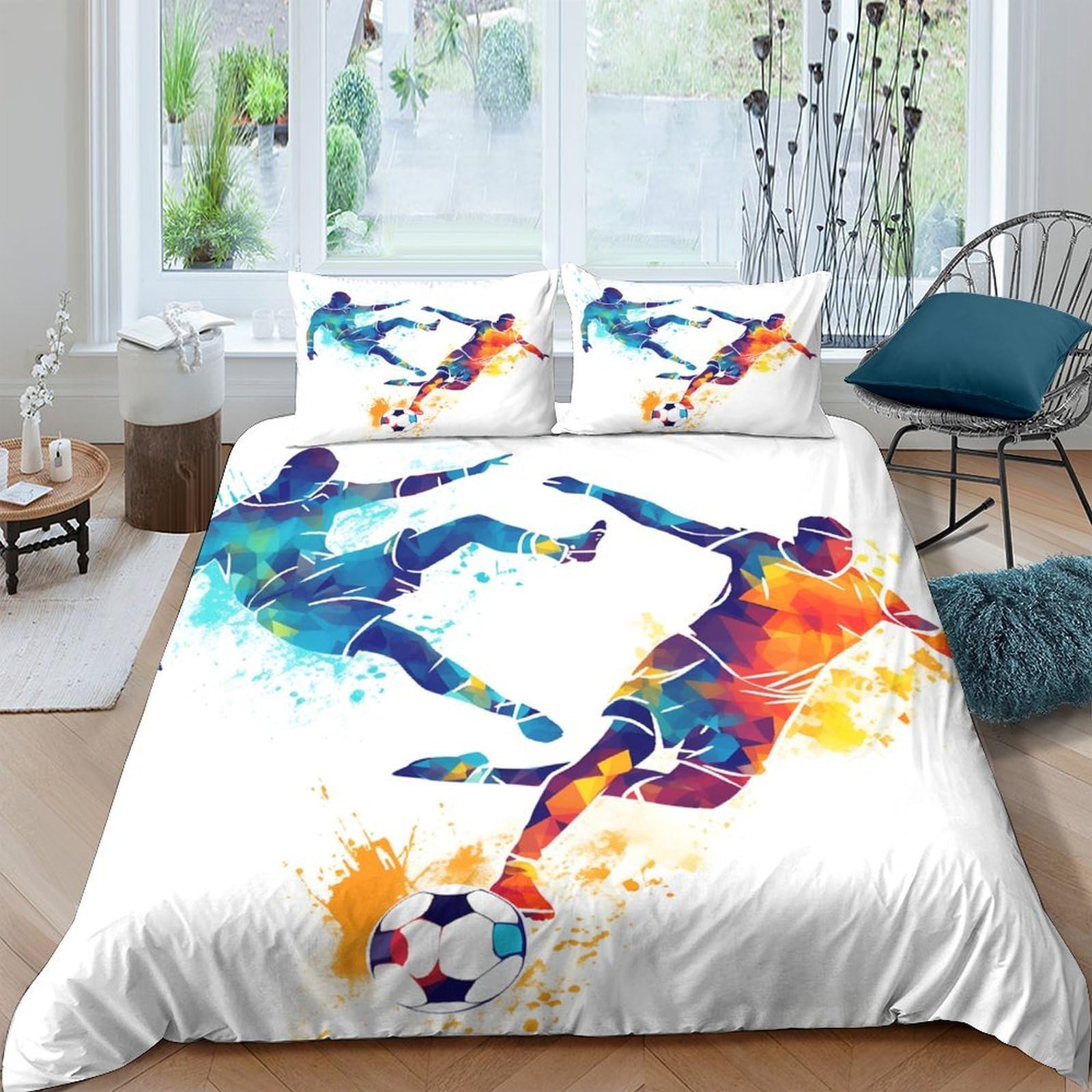 XFKLYNVCJ 3D Printed Soccer Players Comforter Cover Brushed Microfiber Vibrant Abstract Quilt Cover Wrinkle Resistant Hypoallergenic for Young Adults Rental Studio Use King（220x240cm）
