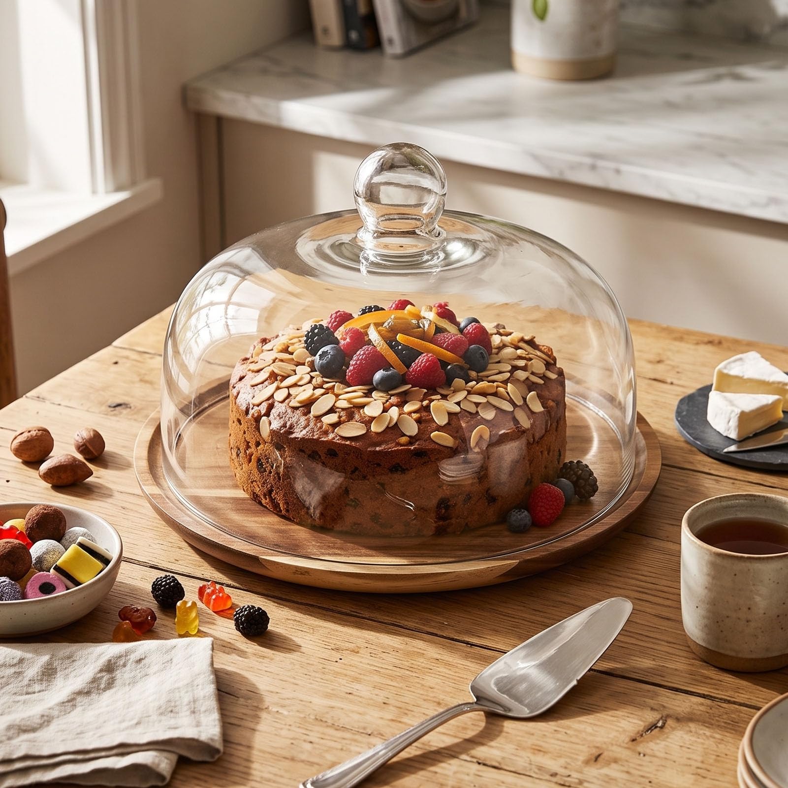 Présentoir à Gâteaux avec Dôme en Verre, Base en Bois capacité de