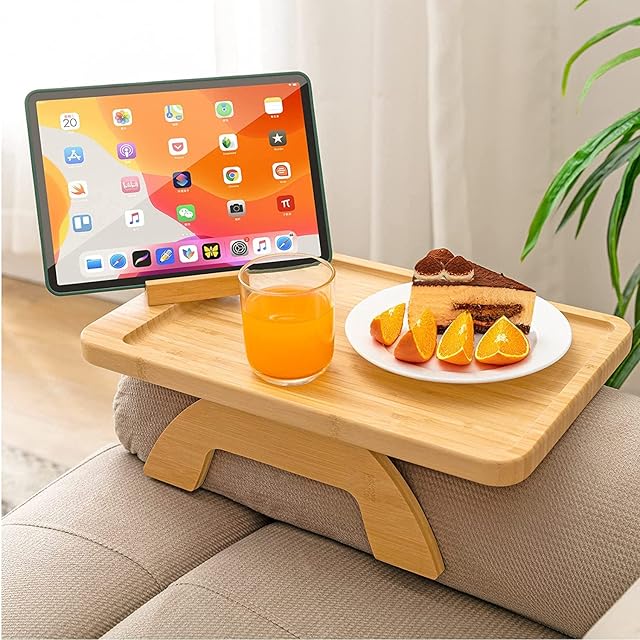 SITREMEN Bamboo Sofa Arm Tray Table with Rotating Mobile Holder, Rectangular Couch Armrest Tray, Clip on Sofa Tray Table for Wide Couches, Foldable Couch Arm Clip Table for Remote Control Cup