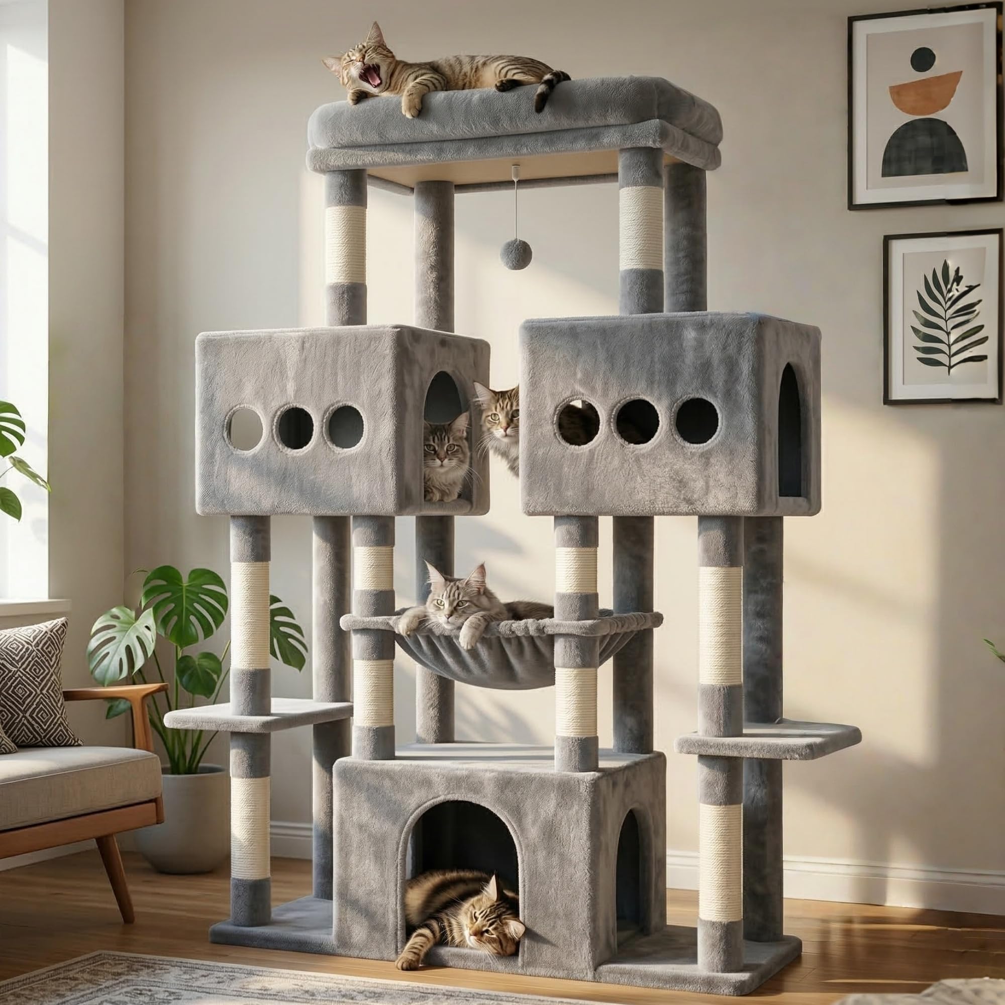 Hey‑brother Rascador para Gatos,con 3 Cuevas Grandes, Hamaca, MPJ083W | 144cm Árbol para Gatos con Plataformas Amplias, Pelota de peluche, para Gatos Grandes de Interior, Gris Claro