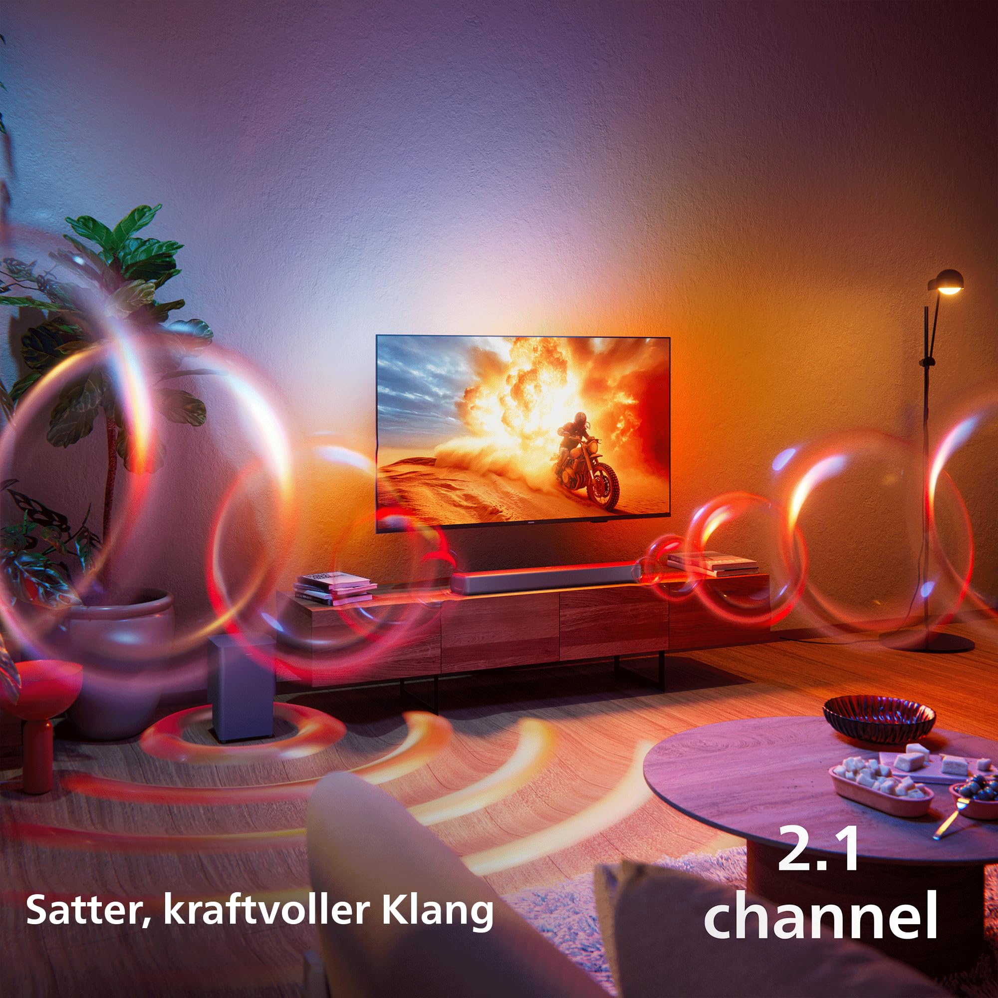 Philips TAB5601 2.1 Soundbar; kabelloser Subwoofer, 290 W max. Ausgangsleistung, Dolby Digital Plus, DTS Virtual:X, Intellisound KI Audio, Bluetooth LE 5.4, HDMI ARC, optische & USB-Eingänge; Gunmetal