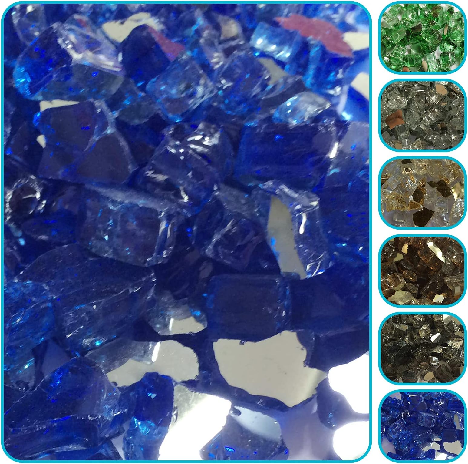Fire Pit Glass Rocks, High Luster, 1/2" Reflective Tempered Fire Glass in Diamond Blue, 10 Pound Jar for Natural or Propane Fireplace, Crushed Glass Stones for Firepit, Garden or Patio