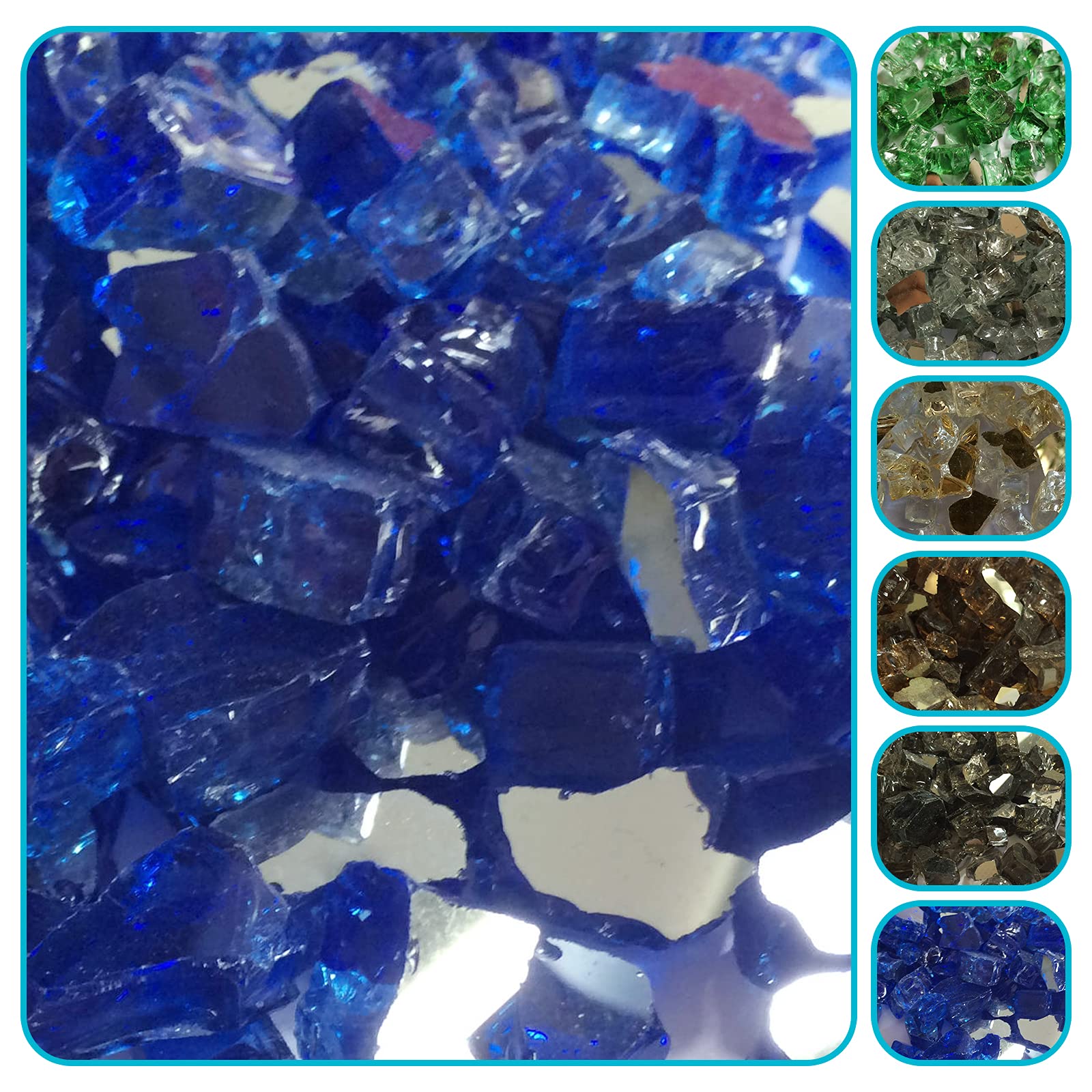 Fire Pit Glass Rocks, High Luster, 1/2" Reflective Tempered Fire Glass in Diamond Blue, 10 Pound Jar for Natural or Propane Fireplace, Crushed Glass Stones for Firepit, Garden or Patio