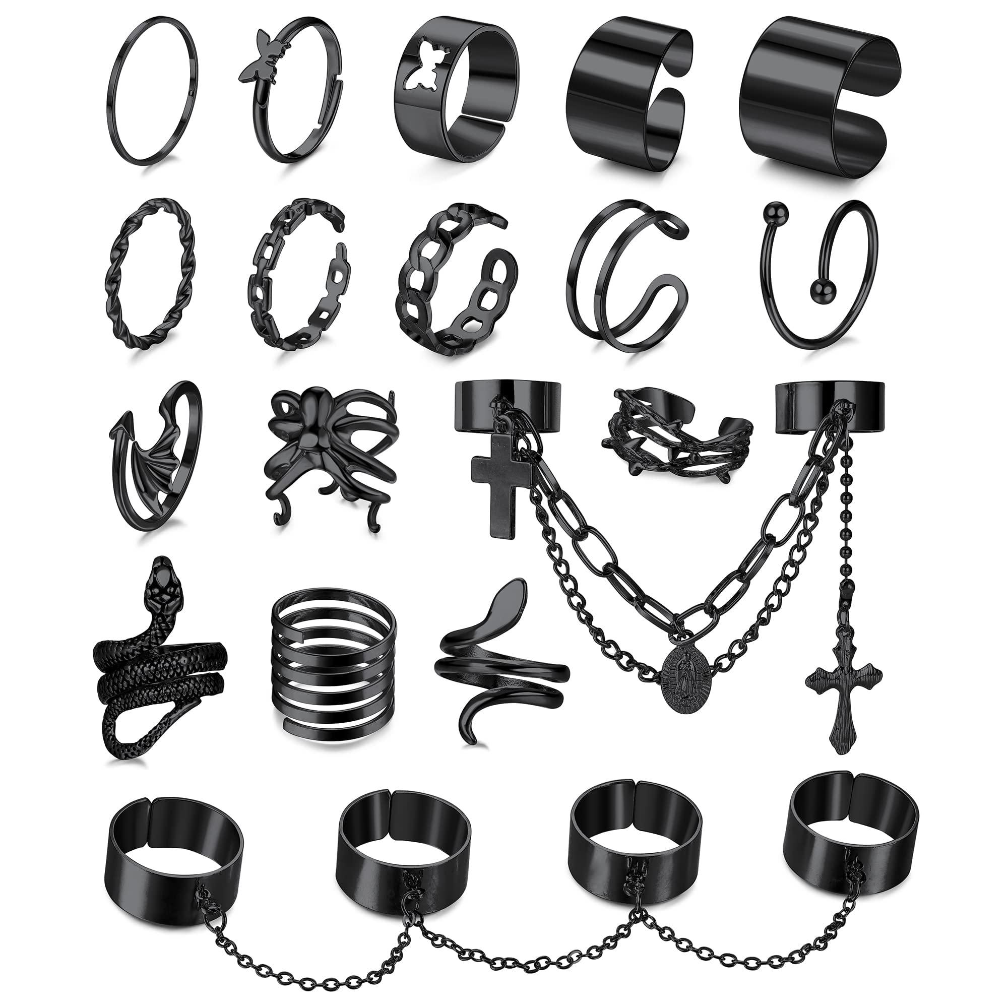 JeryWe18PCS Gothic Knuckle Chain Rings Set for Women Men Stackable Rings Y2K Black Silver Open Cuff Rings Adjustable Punk Gothic Jewellery Gifts