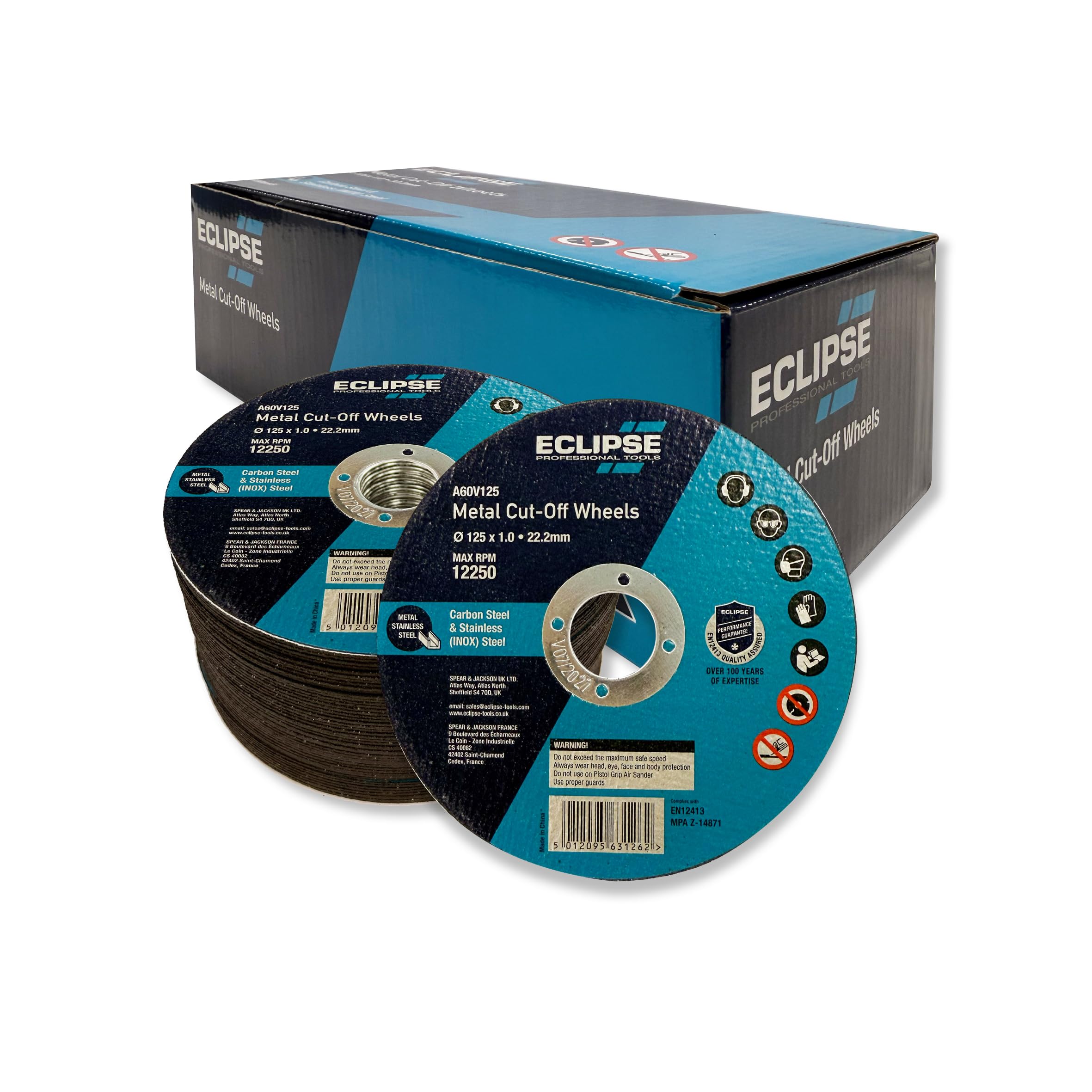 ECLIPSE Professional Tools A60V125BP Dischi da taglio ultrasottili 125 x 1.0 mm, calore minimo, perdita di materiale ridotta, per metallo, ceramica, vetro e materiali compositi, Confezione da 100 lame