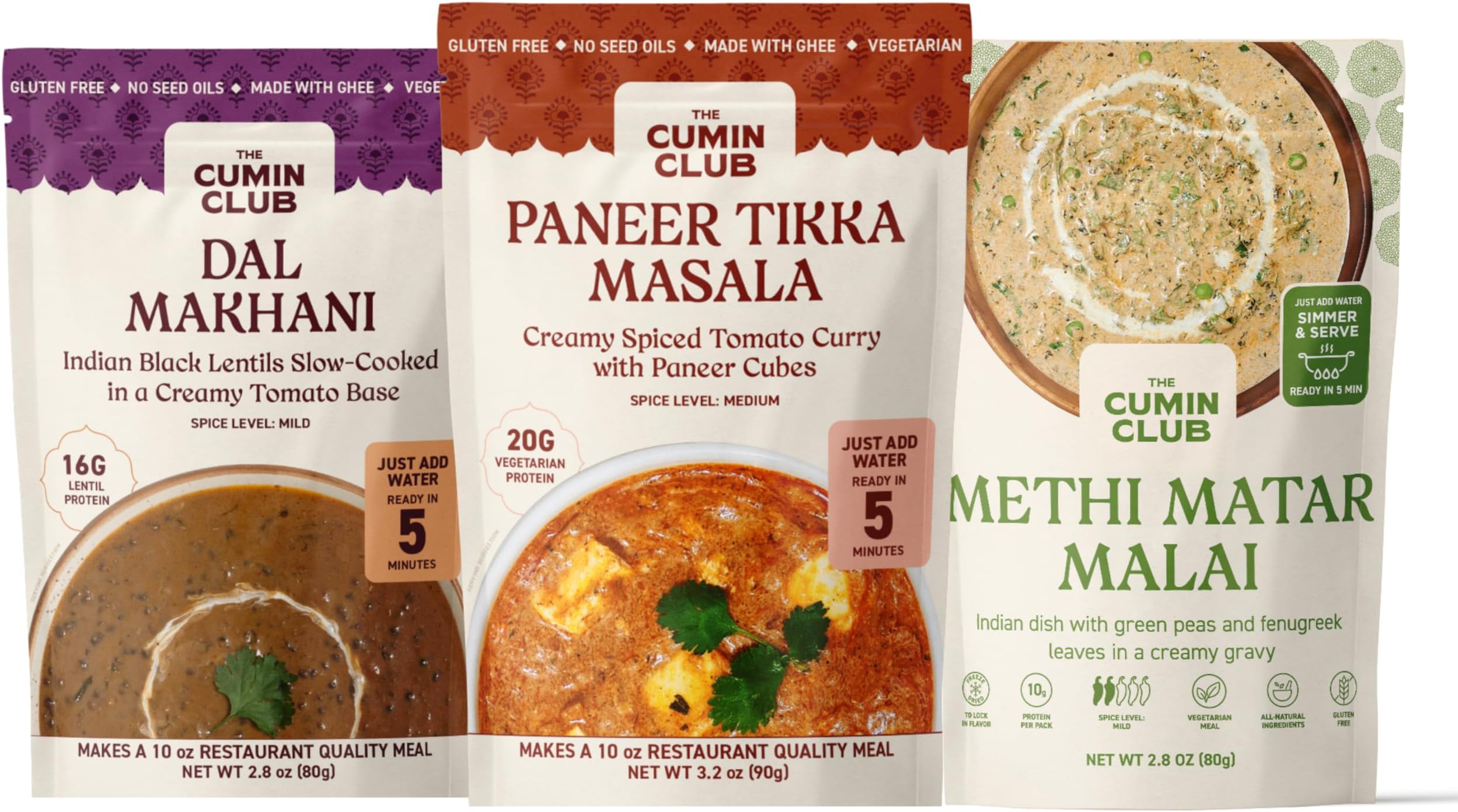 Indian Meal Kit - Paneer Tikka Masala, Methi Matar Malai, Dal Makhani - Instant Meals Effortless Cooking & Wholesome Goodness - Ready to Eat Indian Food - Pack of 3