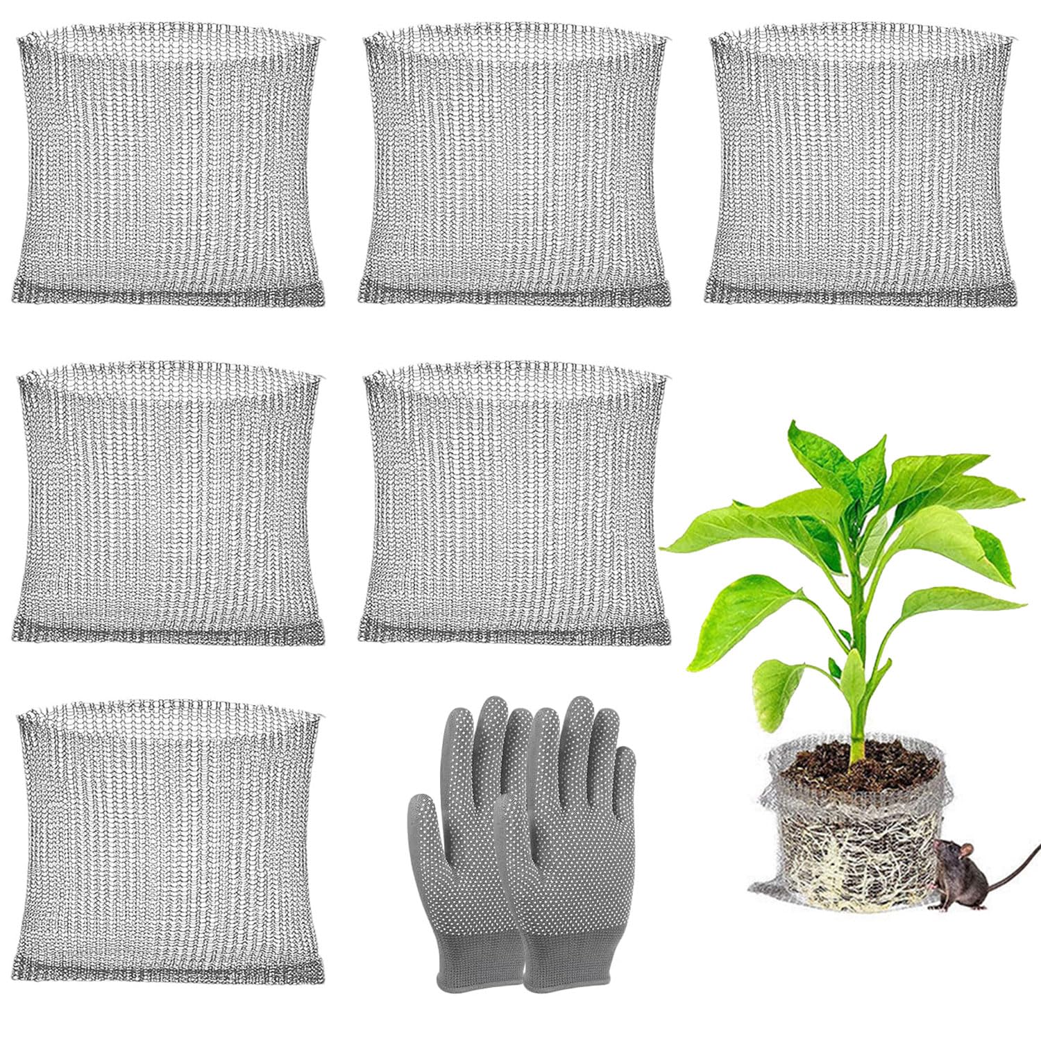 SIXHAOBU 6 Pcs Root Guard Gopher Proof Wire, 23 x 25 cm Stainless Steel Plant Root Gopher Baskets with Gloves for Protection of the Roots of Trees, Flowers, Against Vole Rodents, Silver