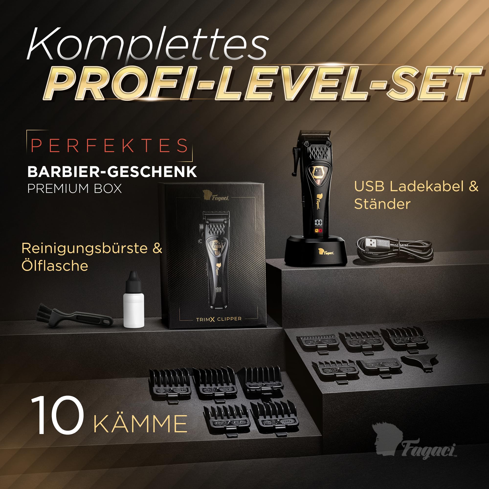 Fagaci Haarschneidemaschine Profi, DLC Klingen, Vektormotor 12000 RPM | Vektormotor, 12.000 RPM, 2x Lebensdauer, DLC-beschichtete Klingen, extreme Härte, Kühler, präziser Schnitt ohne Reizung