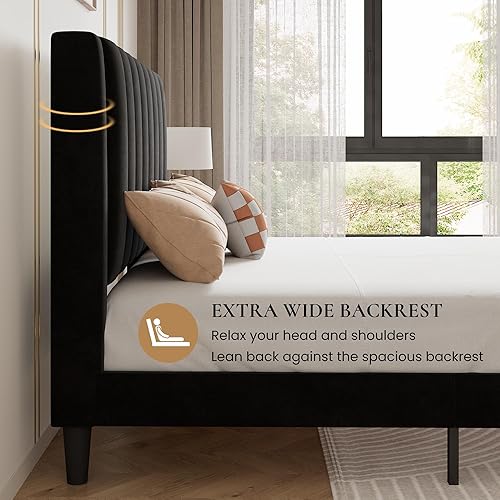 Miniatura 64 de SHA CERLIN Marco de cama matrimonial/plataforma tapizada de terciopelo con cabecero, soporte de listones de madera resistente, base de colchón, no