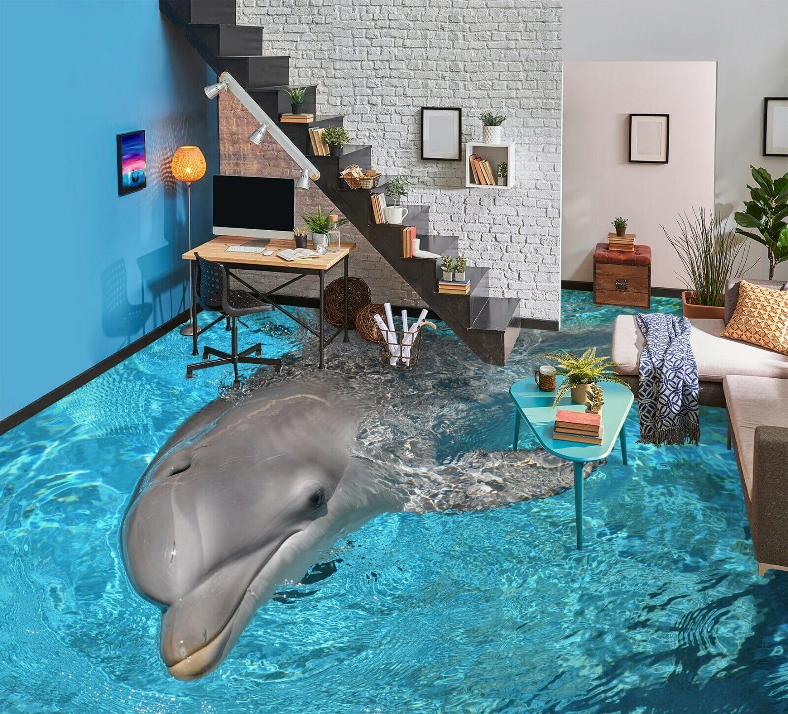 Cartel De Decoración De Piso Murales de papel pintado para suelo de delfines oceánicos en 3D, 250 x 175 cm Murales Pegatinas Cuarto de baño Vinilo autoadhesivo Papel tapiz