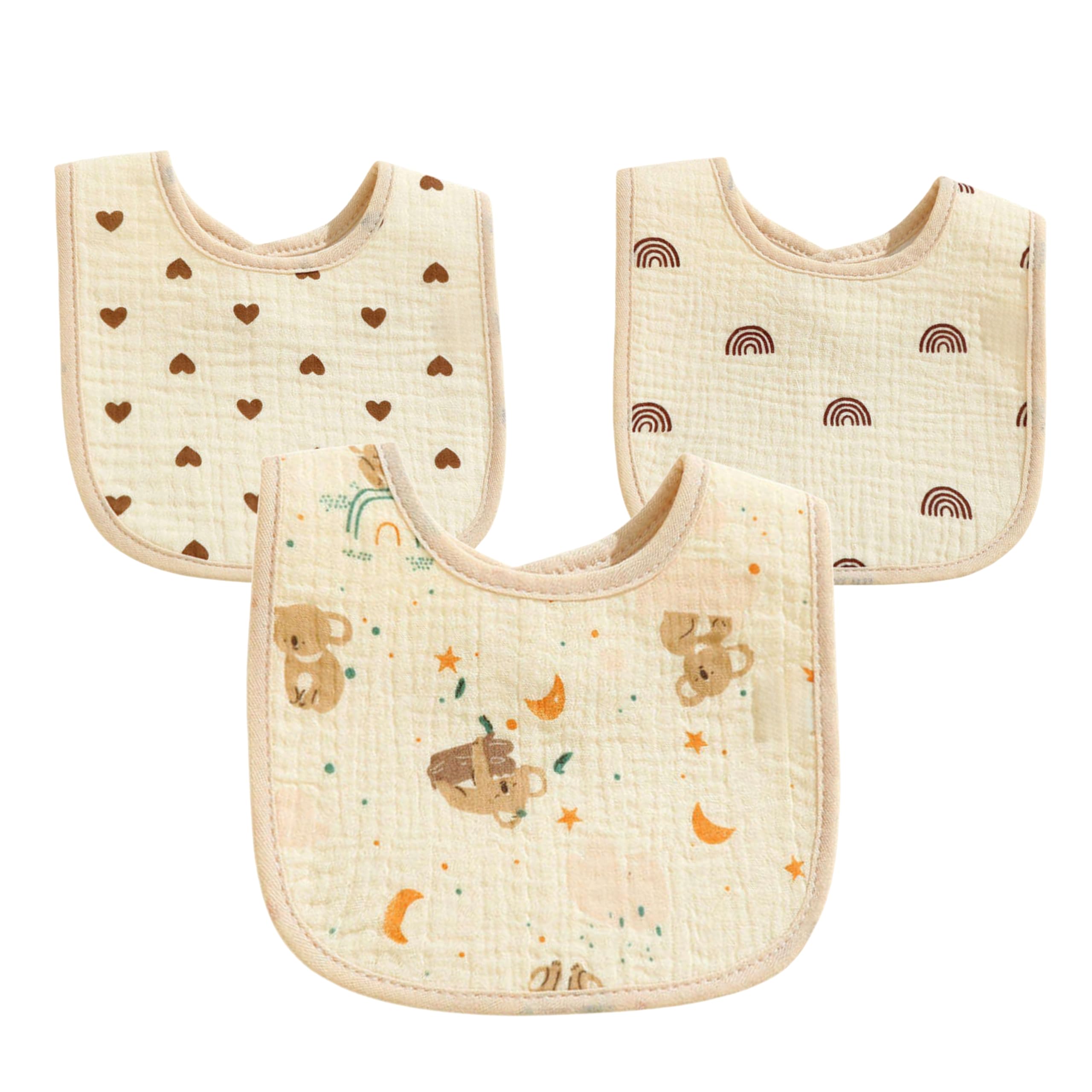 MNP Waterproof Muslin Cotton Baby Bibs – Set of 3 Ultra-Soft & Absorbent Bibs with Adjustable Snap Buttons, Breathable Waterproof Backing, for Drooling, Teething & Feeding (0–24 Months, Boys & Girls)