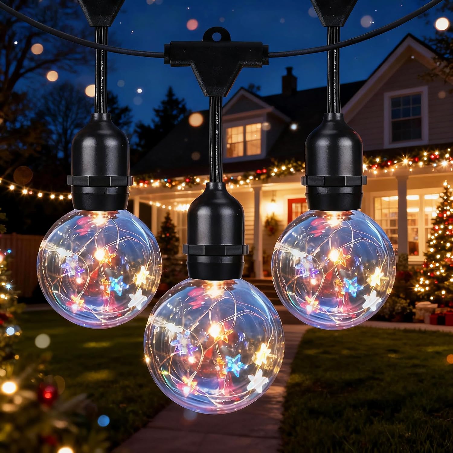 Afirst Patriotic Outdoor String Lights, Red White Blue Stars, Clear Plastic Globe Bulbs, Black Cord, 22FT