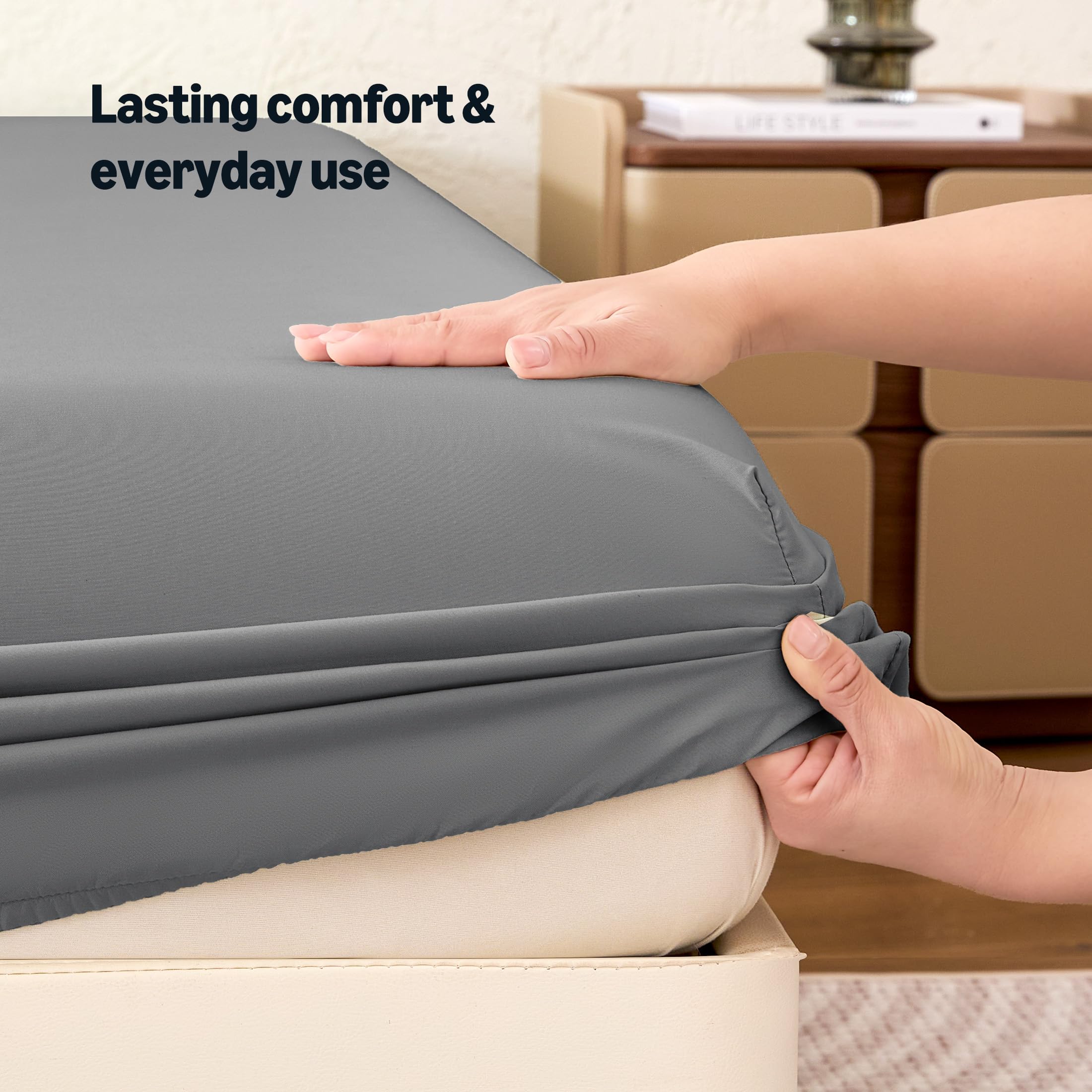 Amazon Basics Soft Fitted Sheet, Lightweight Bottom Sheet, 14-Inch Deep Pocket, Durable and Long Lasting, Easy Care, Queen, Dark Gray, Pack of 1 - 5