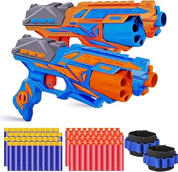 POKONBOY 2 Pack Toy Foam Blaster Gun, Blaster Toy Gun with 2 Wristbands and 80 Pcs Refill Darts 6-Dart Rotating Drum Toy Blaster Compatible with Nerf Gun Birthday Gift for Kids Age 6+