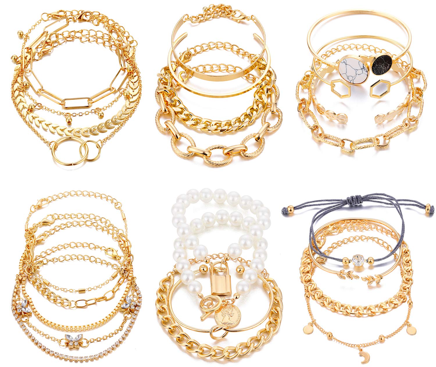 17IF 6 Pack Dainty Boho Gold Silver Chain Bracelets Set for Women Girls Stackable Chunky Multipack Layered Bangles Adjustable Flat Cuff Cuban Punk Charm Bracelet Bundle Jewelry