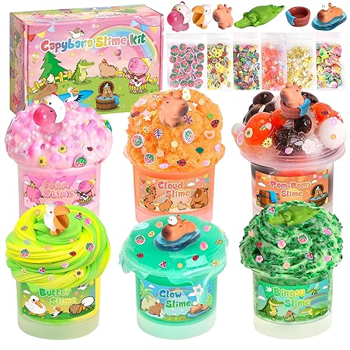 Joytry Capybara Slime Kit 6×100ml (20oz) - Cloud, Clear & Butter Water Slime Textures, Glow in The Dark Slimes for Kids with Various Add-ins, Perfect Slime Gift for Girls and Boys - Capybara Slime