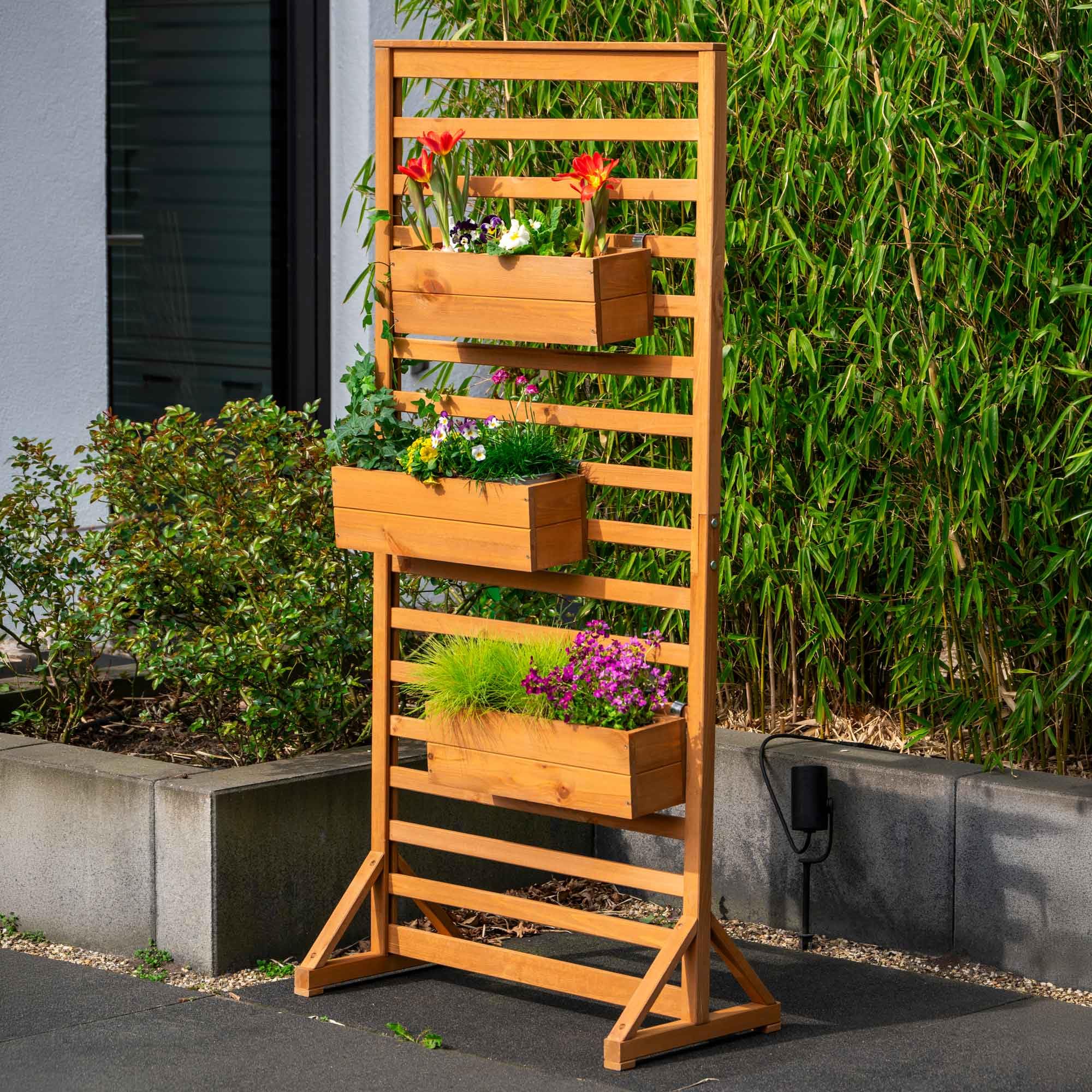 dobar® Holz Paravent Rankgitter mit Pflanzkästen - freistehende Spalierwand als Sichtschutz & Raumteiler für Garten, Balkon & Terrasse - Rankhilfe für Kletterpflanzen mit 3 Blumenkästen - 75 x 40 x 16