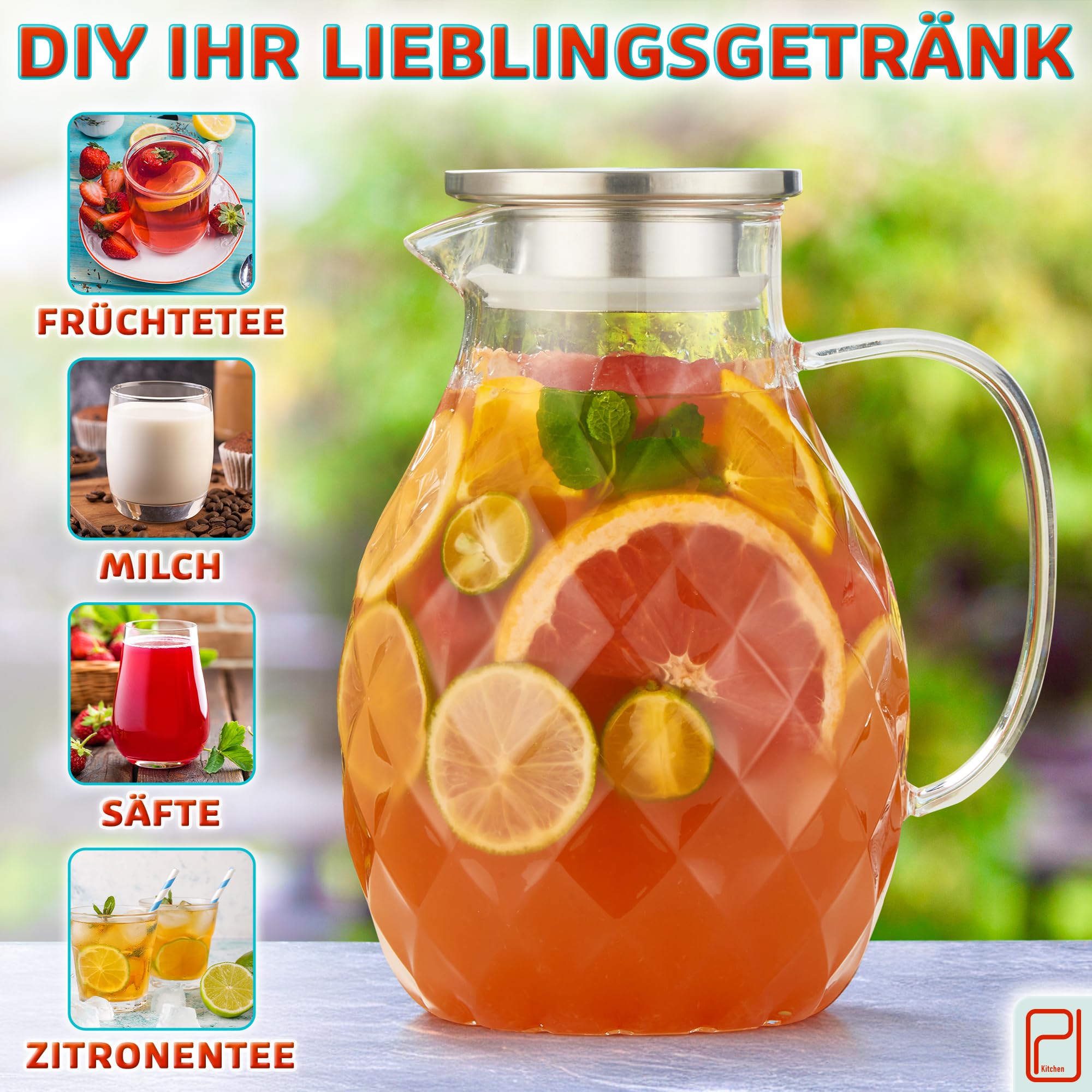 Premium Borosilikat Glaskaraffe + Deckel + Ausguss - 2 Liter - Borosilikatglas Wasserkrug mit Griff - Karaffe für Heiß- / Kaltgetränke - Eistee Glaskanne