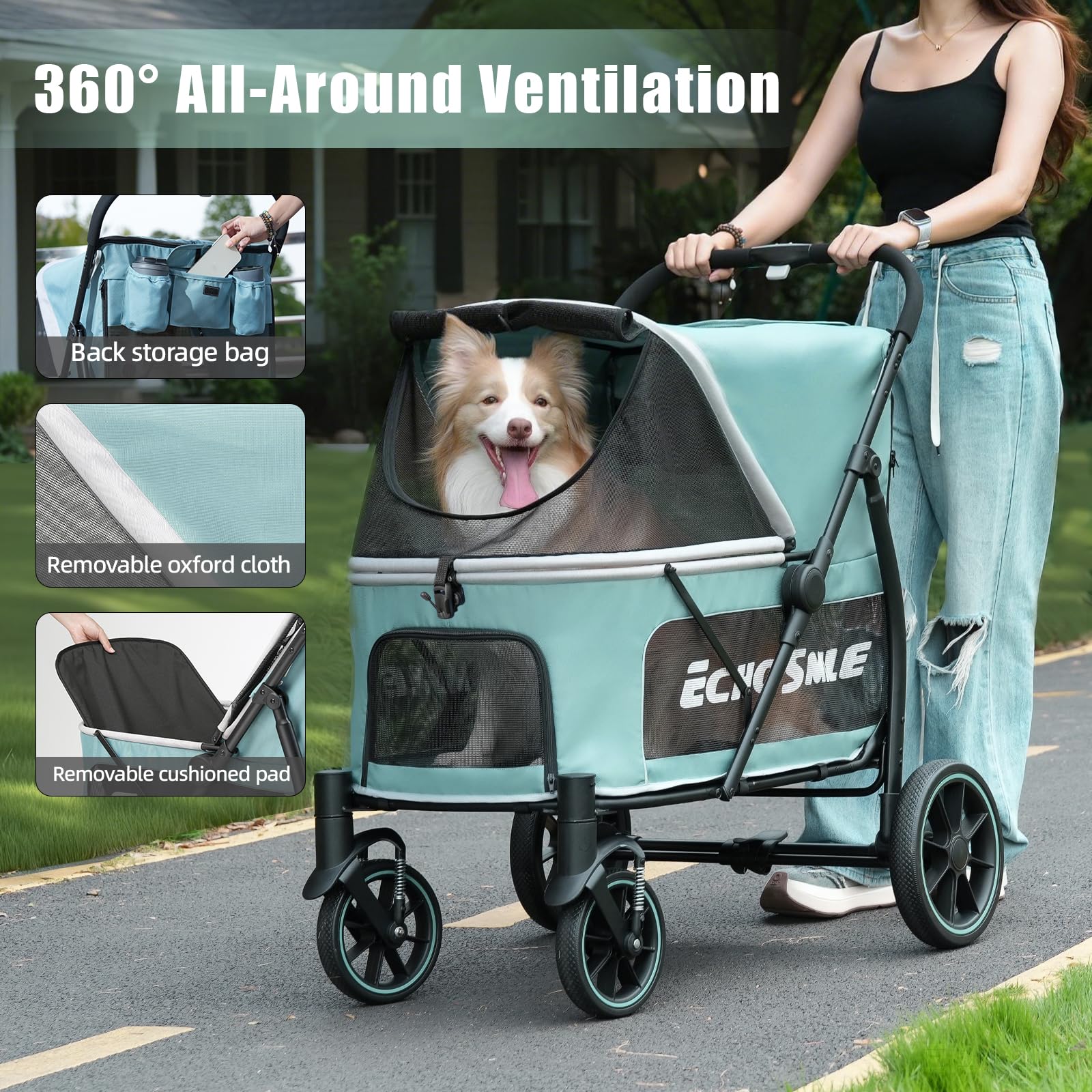 EchoSmile Cochecito para perros grandes de hasta 70 kg, plegable con ventana de red, asa ajustable y 4 ruedas todoterreno (verde + gris)