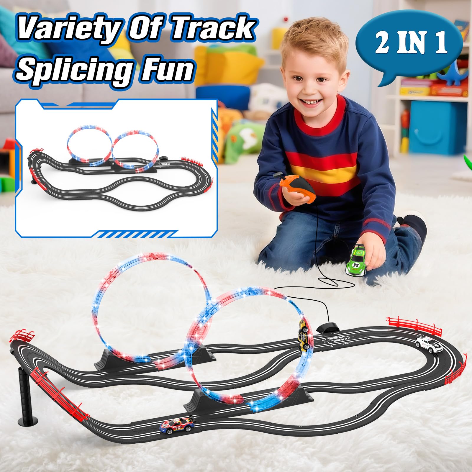 Juego de pista de carreras 2 en 1 con 4 autos de alta velocidad, pista eléctrica, juego de carreras dual con 2 controladores, diseño de paso elevado circular con pistas flash. Regalo de juguete para 7