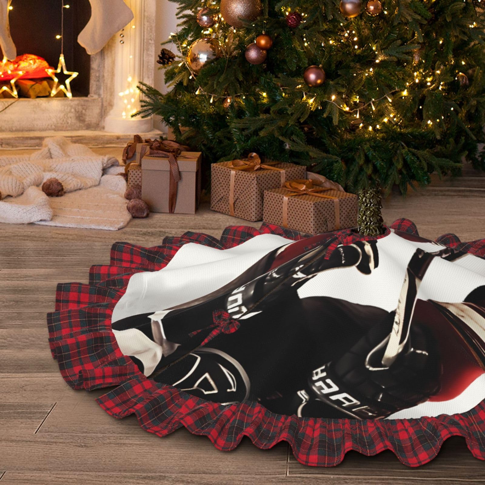Jupe de sapin de Noël 122cm motif hockey sur glace et dentelle à carreaux