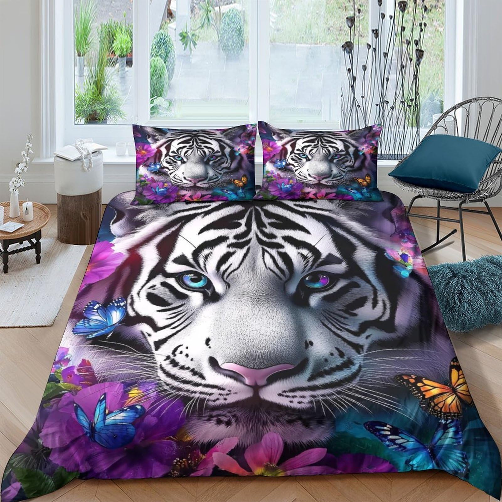 GPLZQXKJNH 3D Printed White Tiger Duvet Cover Microfiber Soft Breathable Floral Jungle Bedding Set with 2 Pillowcases for Bedroom Decor Single（135x200cm）