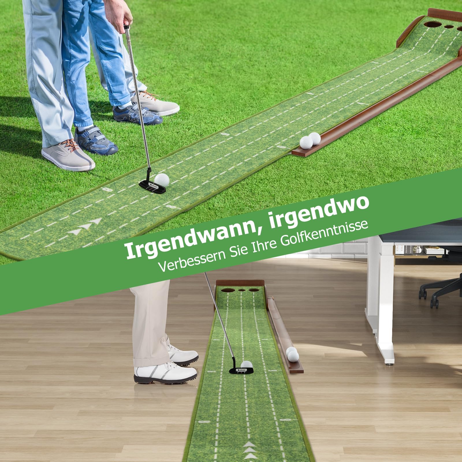 GYMAX Golf Puttingmatte mit automatischem Ballrücklaufsystem, Golf Übungsmatte mit Zielbezugslinie & Entfernungsskala, Golf Trainingsmatte für Anfänger & Profis, grün