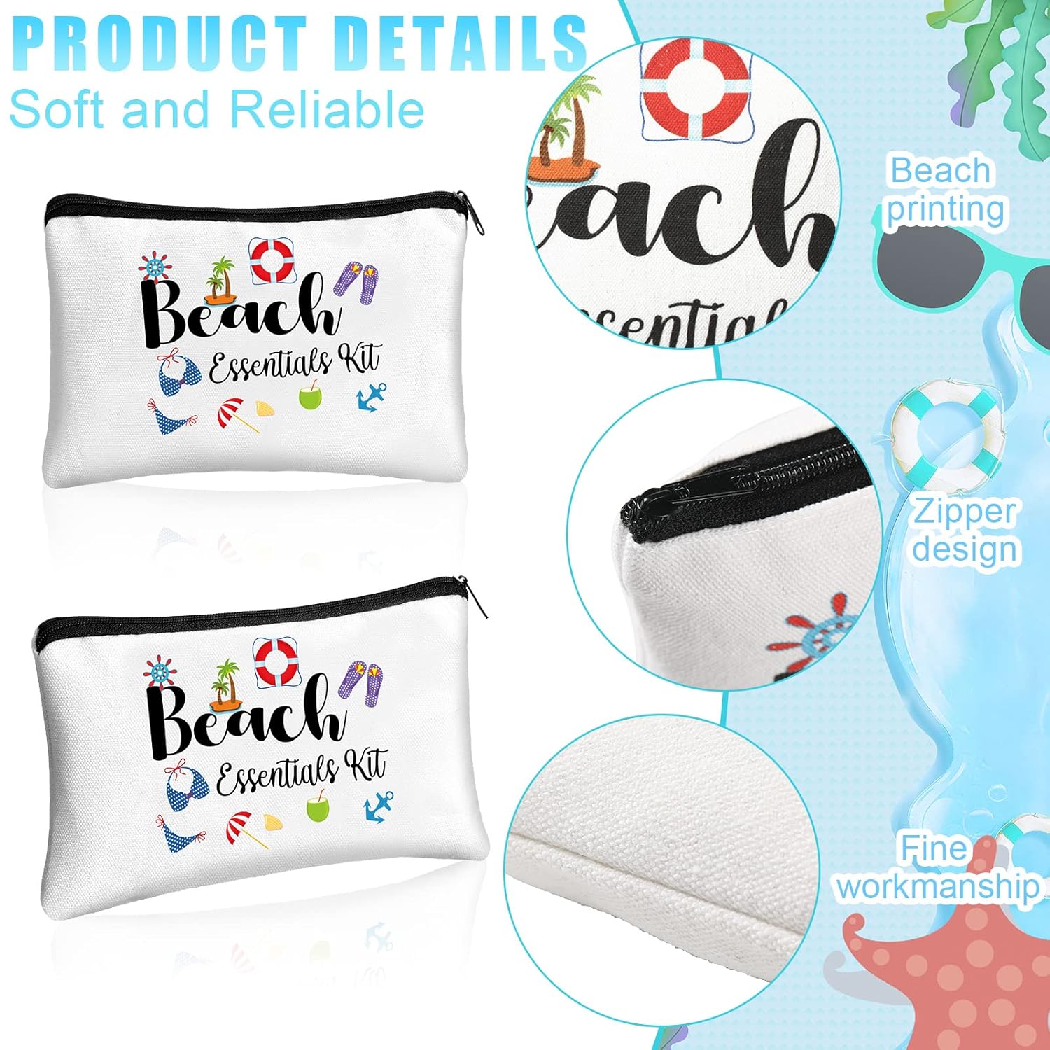 Chunful 12 Pcs Makeup Bag Summer Themes Cosmetic Bag Bulk Portable Essentials Kit Survival Kit Flamingo Palm Leaves Cosmetic Pouch with Zipper for Women Travel Accessories(Beach) - Image 3