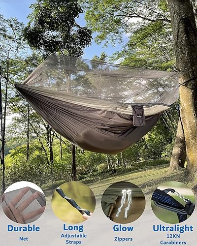 Miniatura 4 de Sunyear Hamaca de Camping, Hamaca Portátil Individual y Doble con Red, Tienda de Hamaca para 2 Personas con 2 Correas de 3 metros, Ideal para