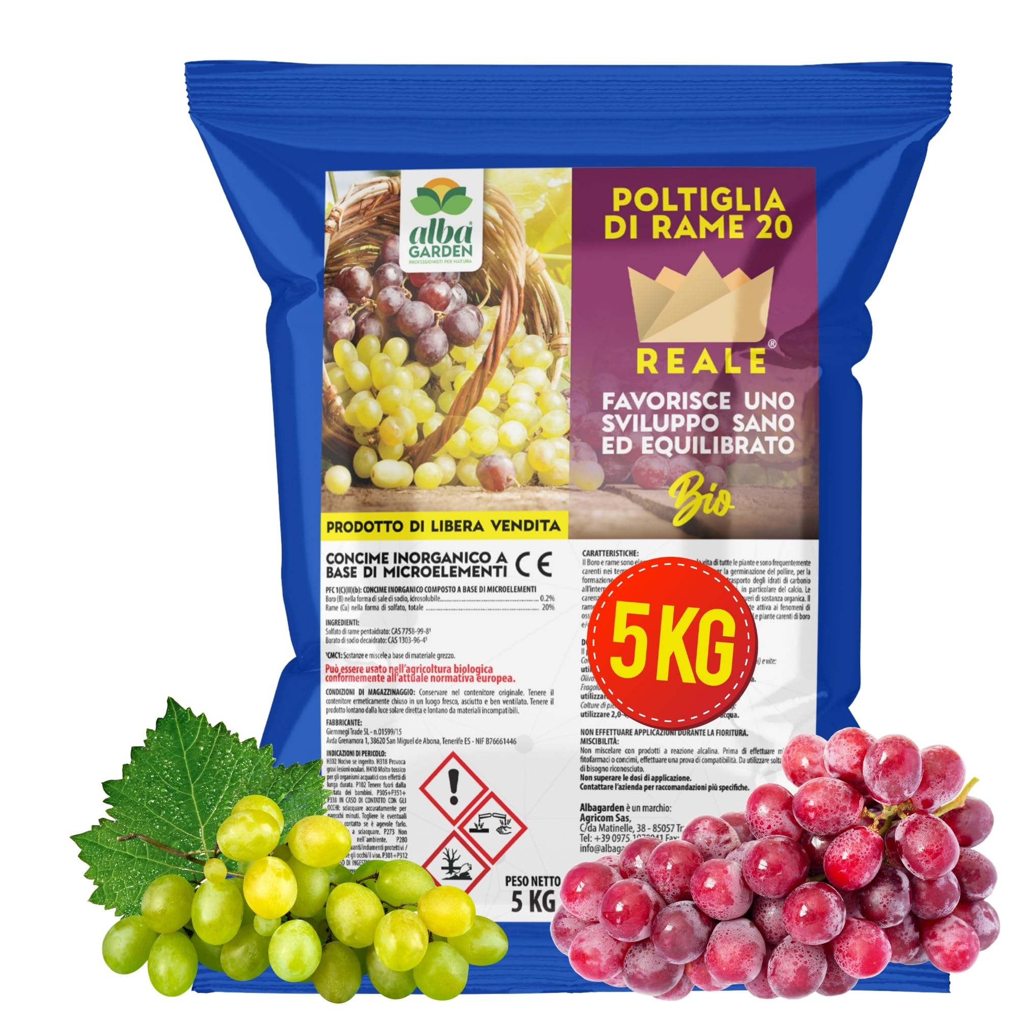 Albagarden - Polti20 Bordolese Biologico 5 kg - con Rame Naturale + Boro Per Piante Frutta Orto Vite - Contro Peronospora Oidio Verderame Solfato Ossicloruro