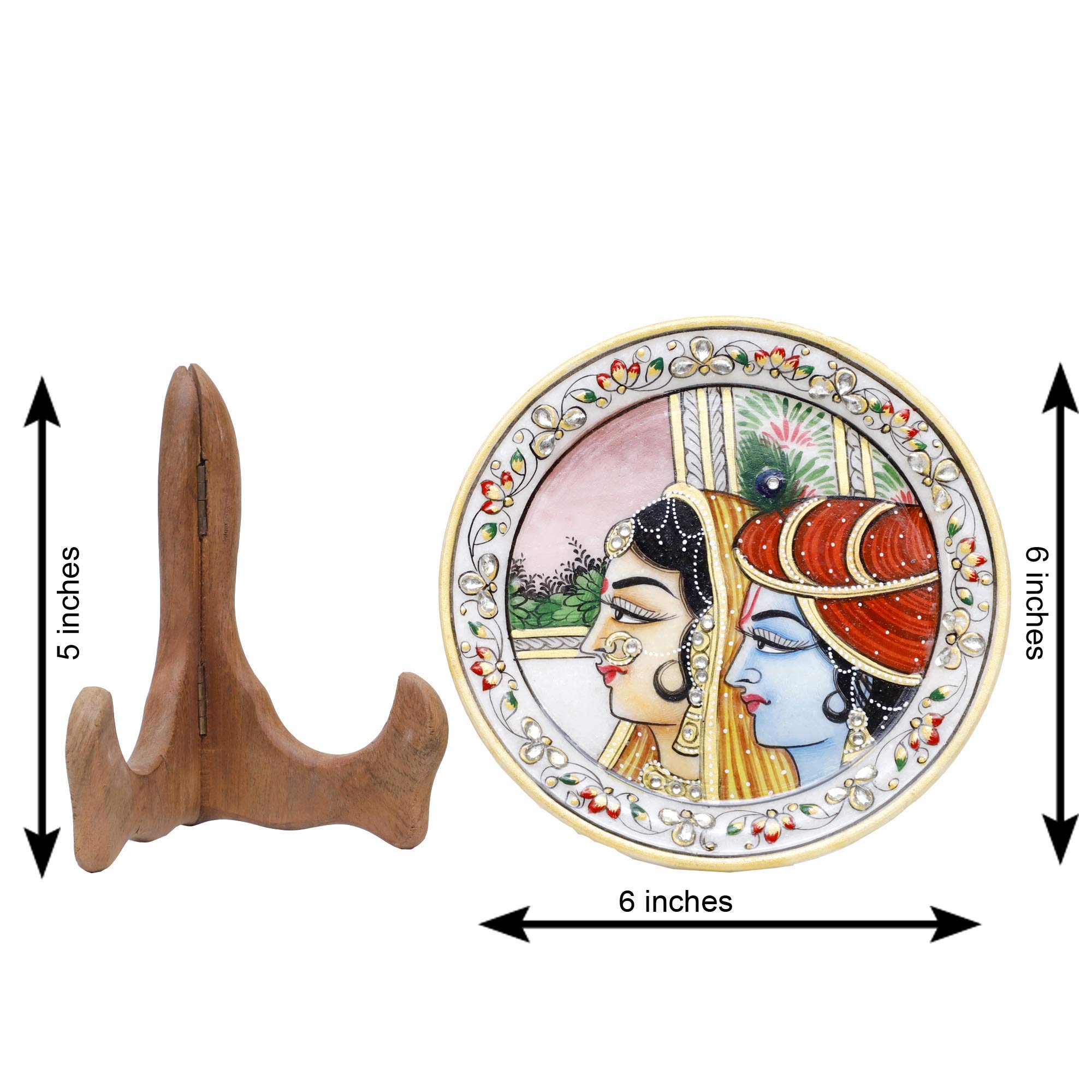 Anjali Arts 6 Inch Designer Decorative Marble Plate | Round Shape Lord Radha Krishna Showpiece Pottery Platess with Stand (Multicolor, 14.5x14.5x1.8 cm) 1