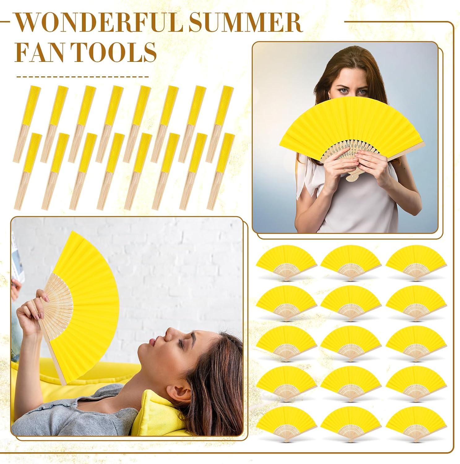 Yinkin 24 Pack Folding Hand Fans Bamboo for Party Favors, Lemon Yellow image 5