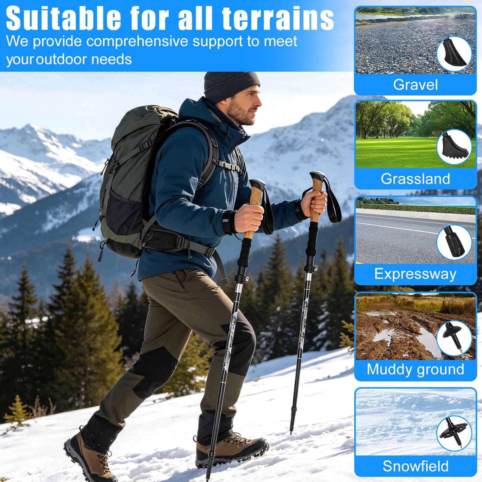 2 Pcs Bastones de Senderismo Telescópicos 105-135cm Hombre Mujer, Ultraligeros de Aluminio 7075, Bastones de Marcha con Puño de Corcho para Trekking, Nordic Walking, Esquí y Montañismo — view 6