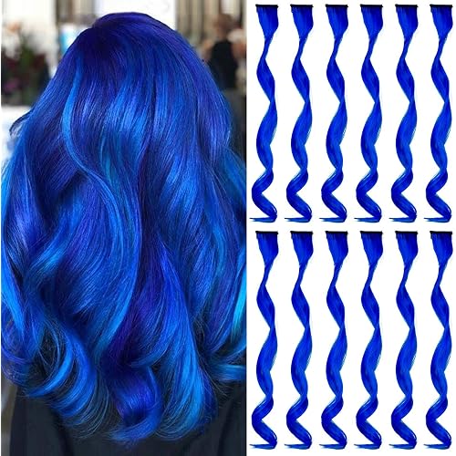 MEckily 12 Pcs Colored Hair Extensions Party Highlights, Curly Wavy Hairpiece Clip in Synthetic Streak for Kids Girls Women 17 inch(Blue)