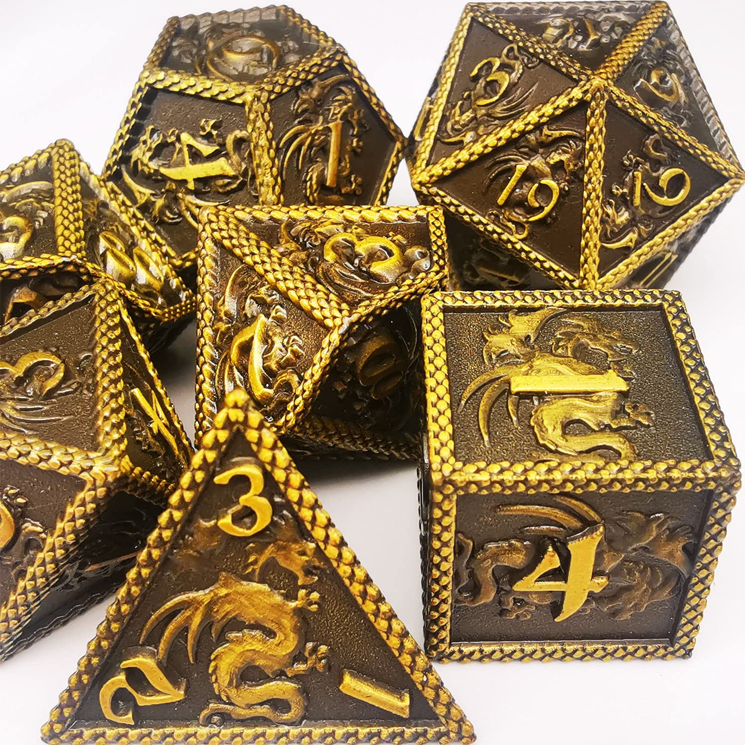HAOMEJA DND Metal Dice Dragon Set 7 Role Playing Dice D&D Solid Dice Dungeons and Dragons (Ancient Brass)