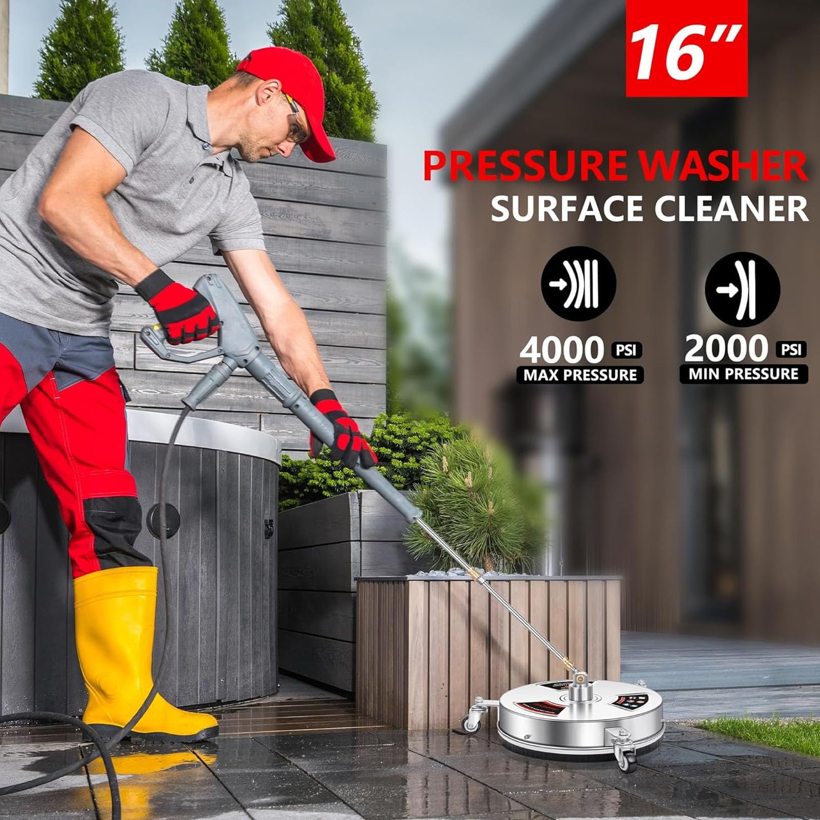 13-Zoll-Hochdruckreiniger-Bodenreiniger mit 4 Rädern, Edelstahl-Außenreiniger für Terrasse, Auffahrt, Gehweg, Deck, Bis zu 4000 PSI