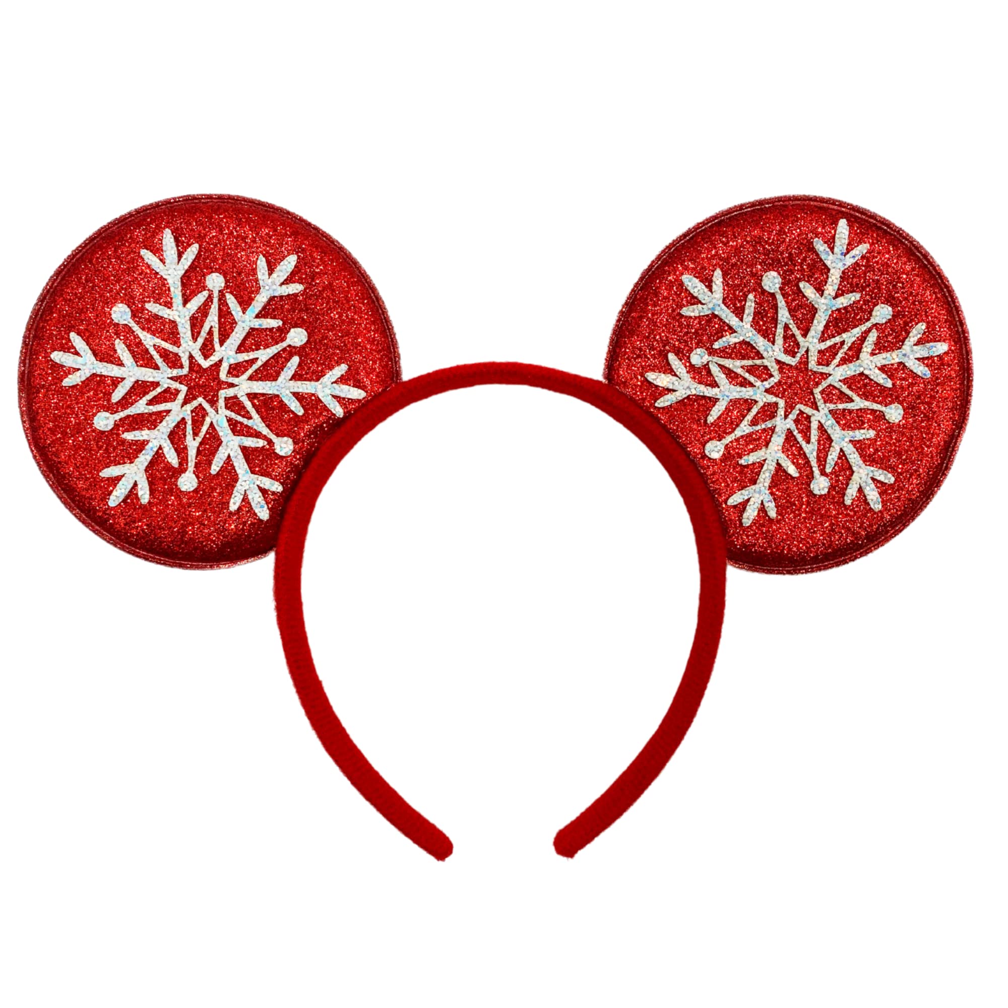 Red Snowflake Christmas Mouse Ear Headband, Sequin Festive Holiday Hair Accessory for Women or Girls, One Size Fits Most