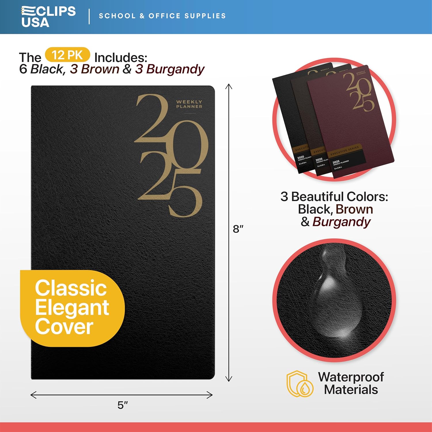 Weekly Planner 2025, 2025 Weekly Planner, 2025 Planner Monthly, 5” x 8”, Weekly Pages, 6 Black 3 Brown 3 Burgundy, (12 Pack, 5 X 8)