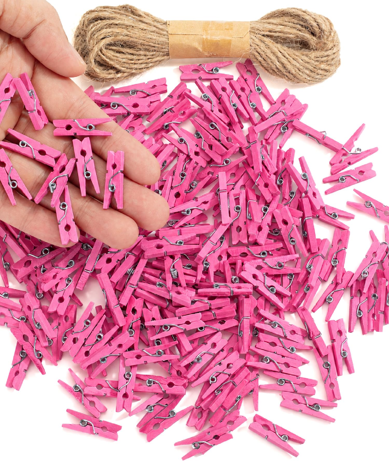 Mr. Pen- Mini Wooden Clothes Pins for Photo, 1 Inch, 200 Pack, Pink Small Clothespins with 10 Meter Jute Twine for Scrapbooking, Labeling Plants, Gift Tags, Tiny Crafts, Photo Display, Decoration