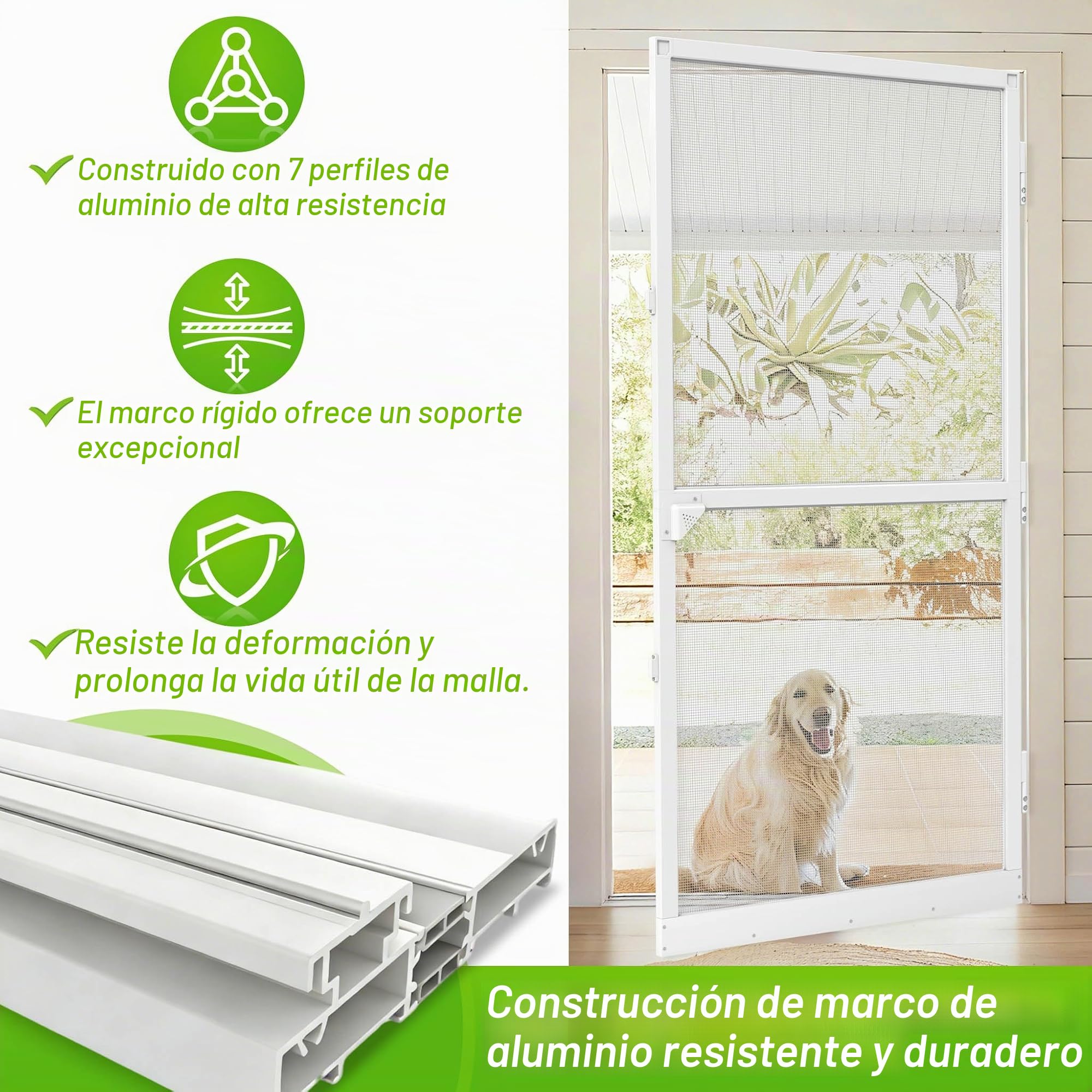 Mosquitera para puerta, 120 x 240 cm, mosquitera, marco de aluminio blanco, cierrapuertas y protección contra golpes, protección contra el polen, para balcón, salón o terrazas
