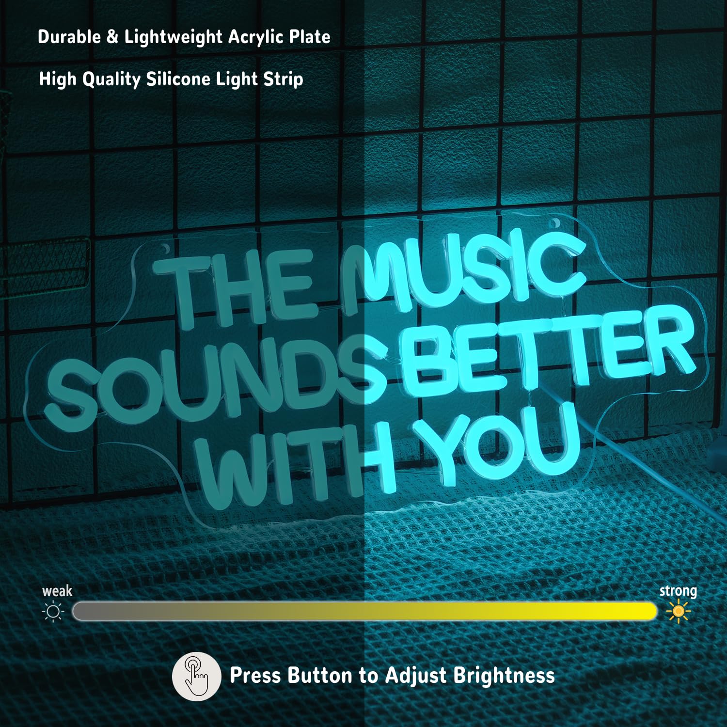 "The Music Sounds Better With You" Insegna al neon musicale per decorazione da parete Lettera LED Neon Sign Blue Led Neon Light per camera da letto Studio Record Shop Decorazione