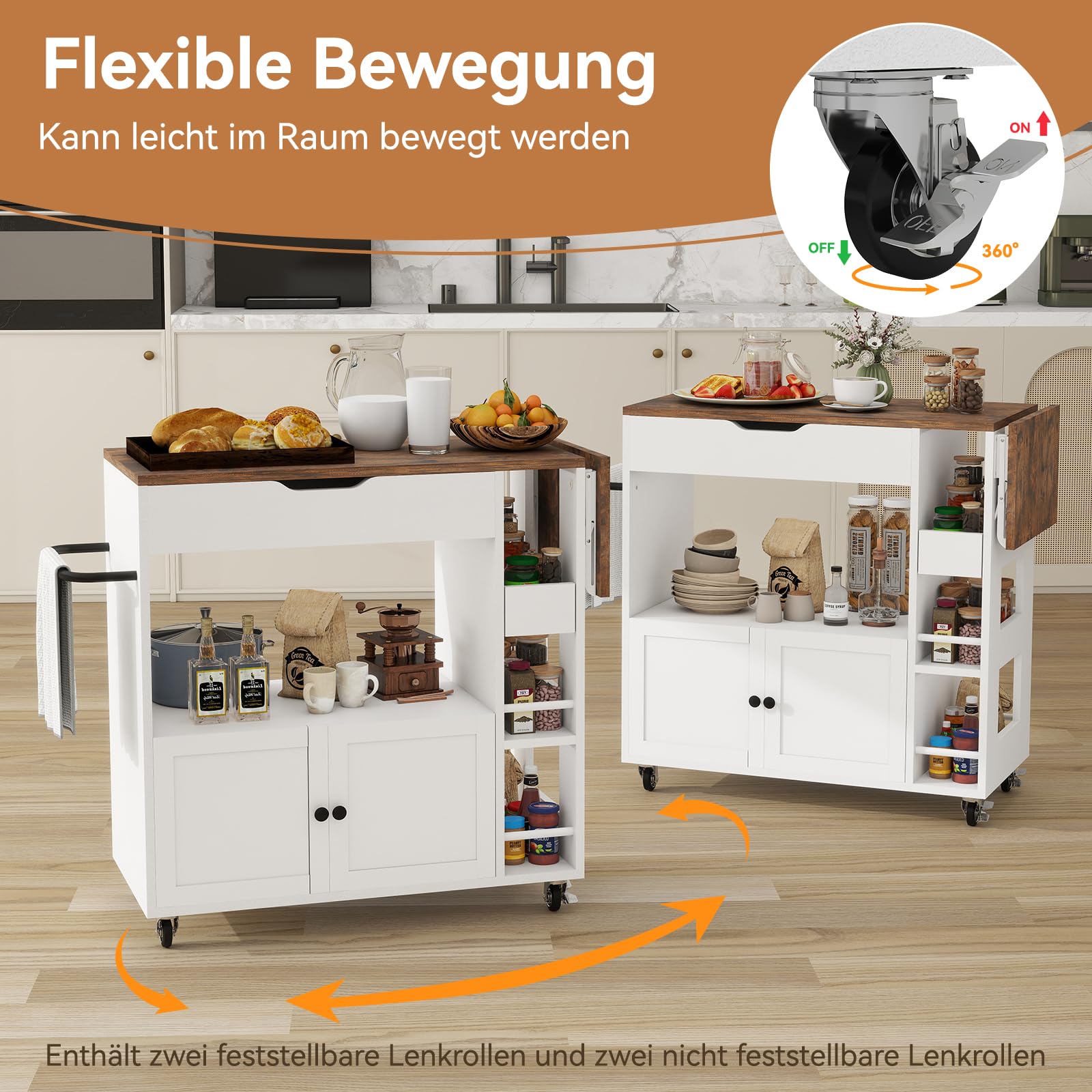 ARTETHYS Kücheninsel mit Klappbarer Arbeitsplatte, Rollwagen mit Schubladen und Türen, Servierwagen, Buffetschrank für Küche, Esszimmer & Outdoor, Weiß